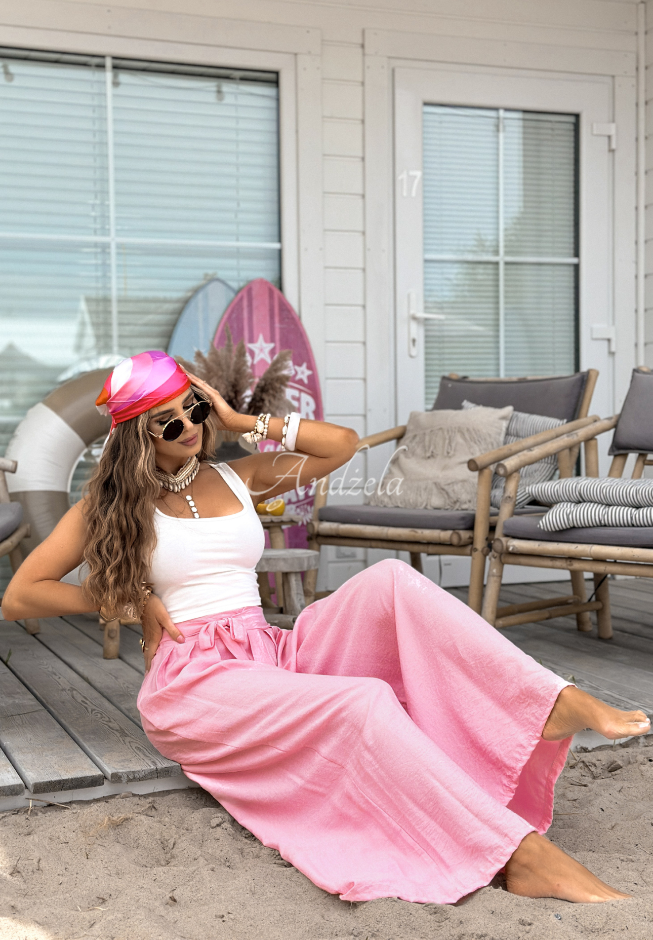 Viskózové nohavice wide leg s viazaním Wavy Happiness ružové