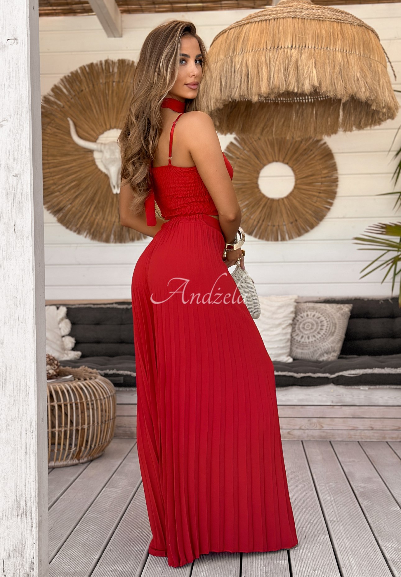 Súprava top a plisované nohavice wide leg Beverly Shores červený