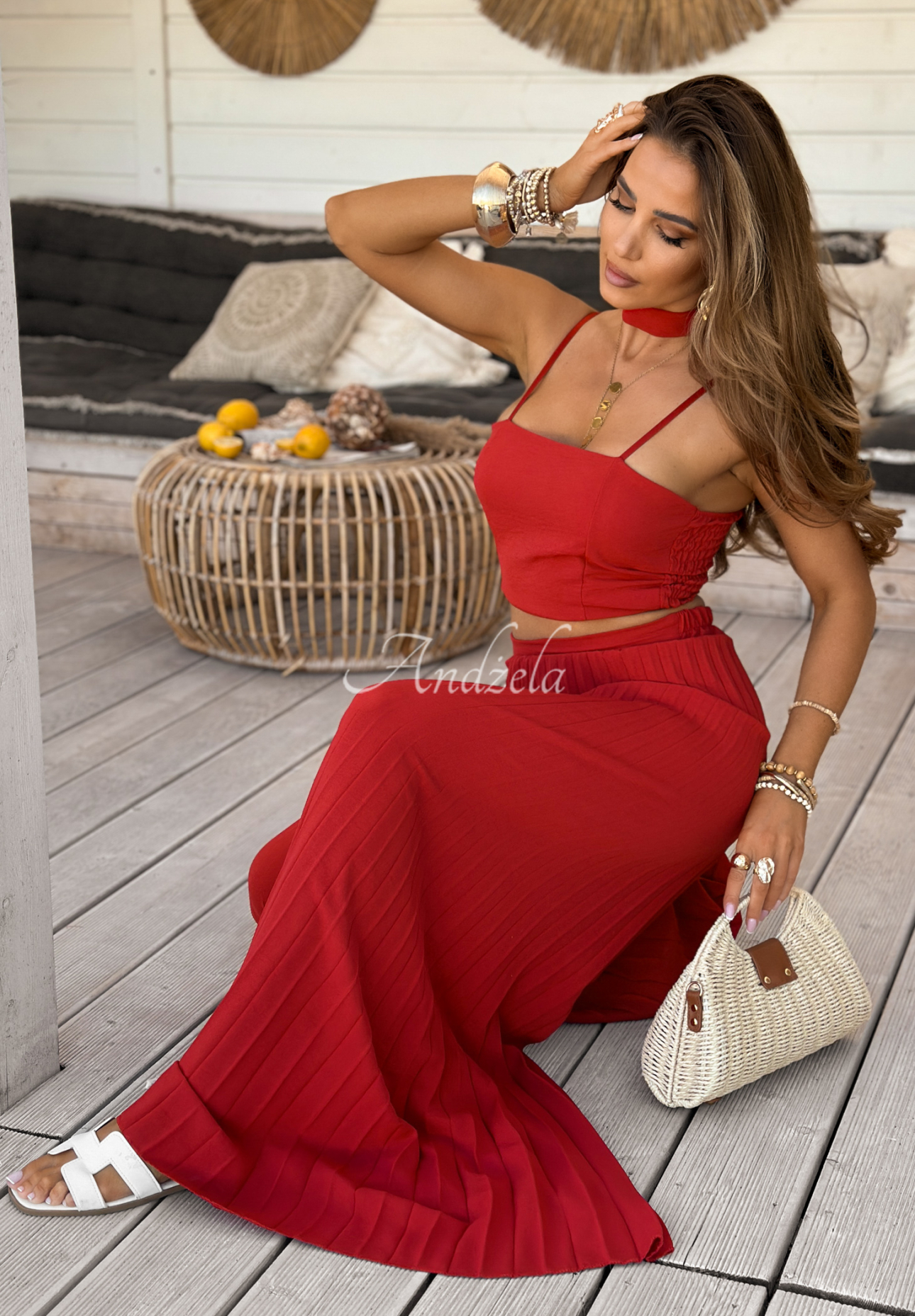 Súprava top a plisované nohavice wide leg Beverly Shores červený