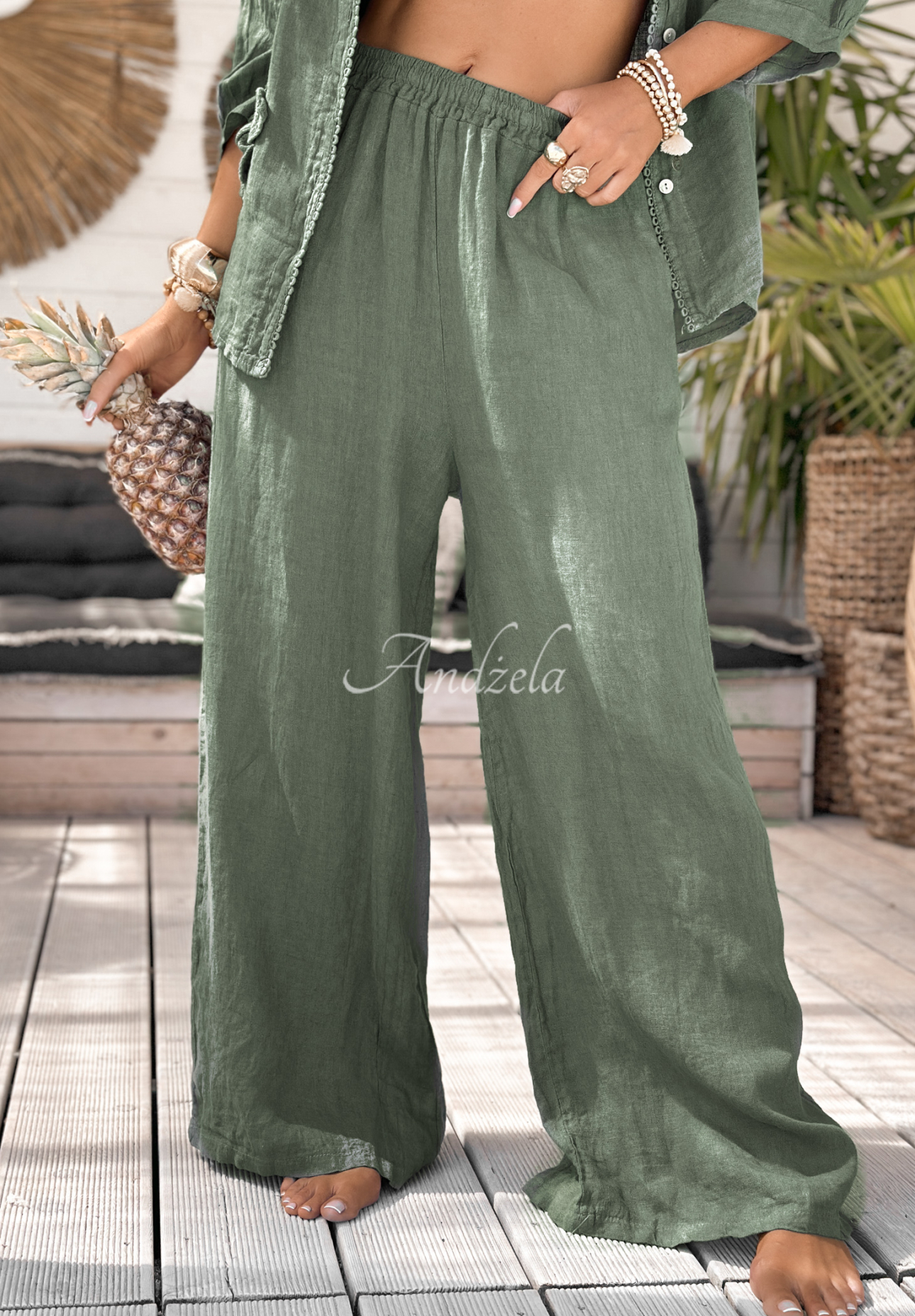Ľanové nohavice wide leg On Vacation khaki