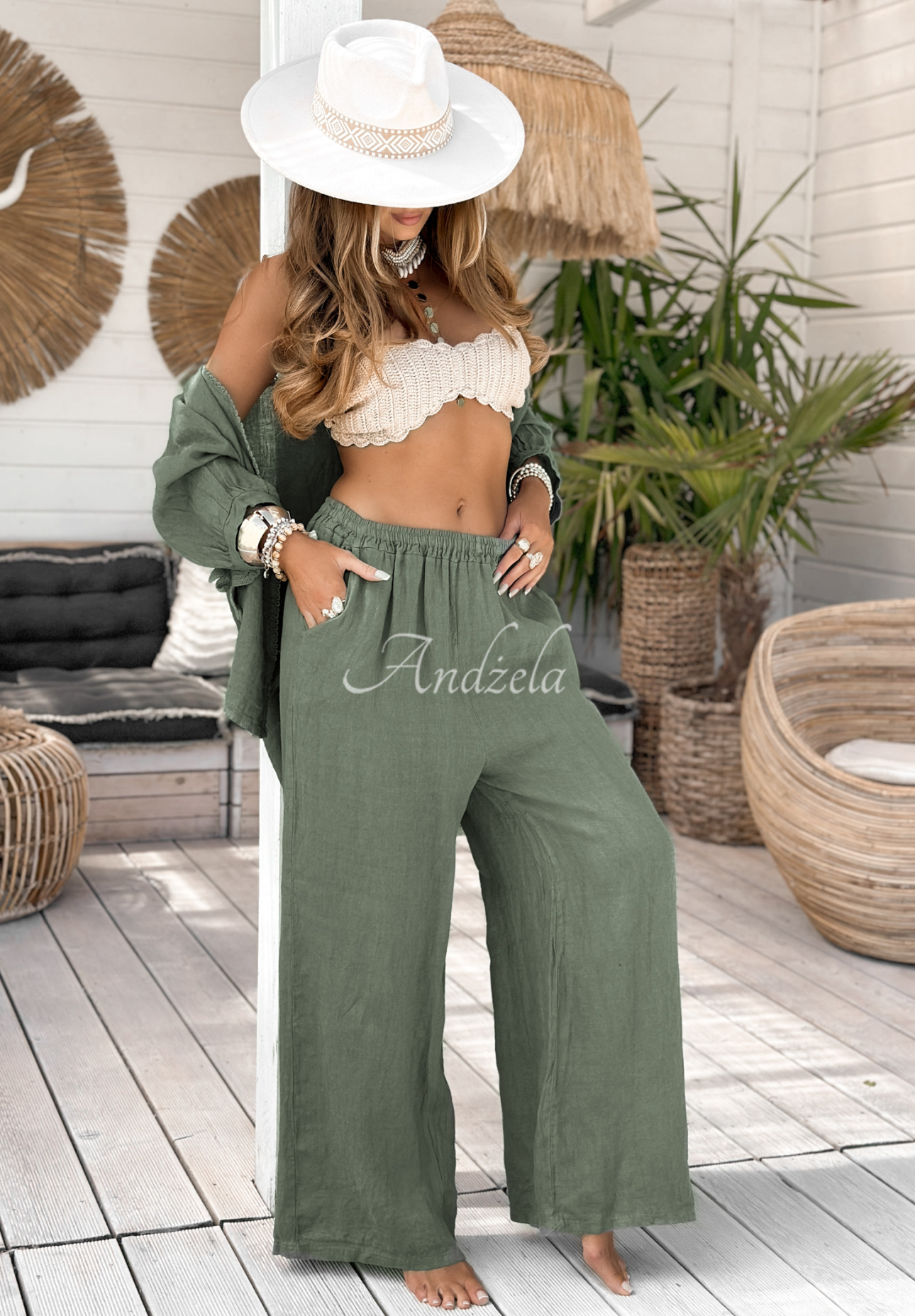 Ľanové nohavice wide leg On Vacation khaki