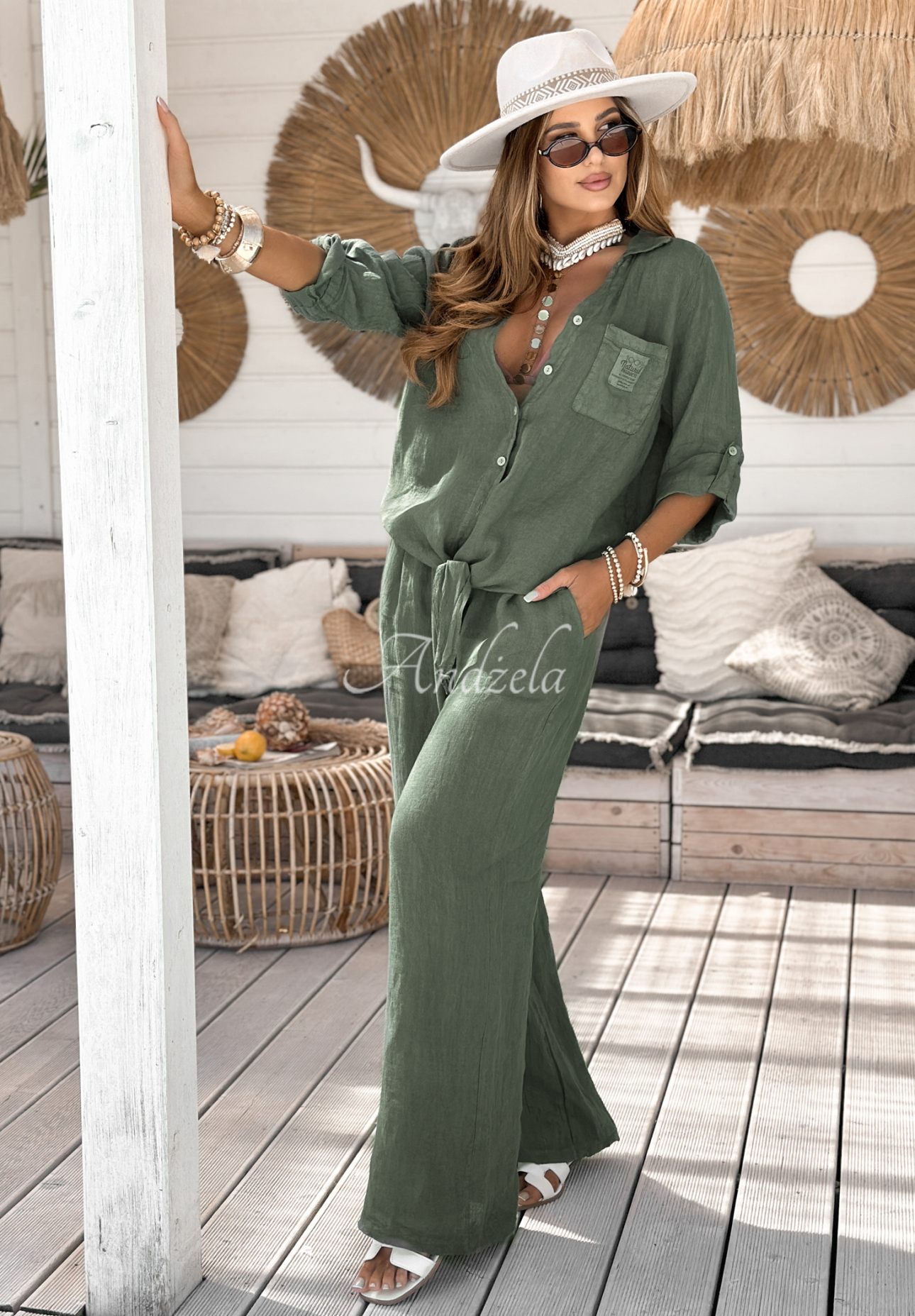 Ľanová košeľa s viazaním On Vacation khaki