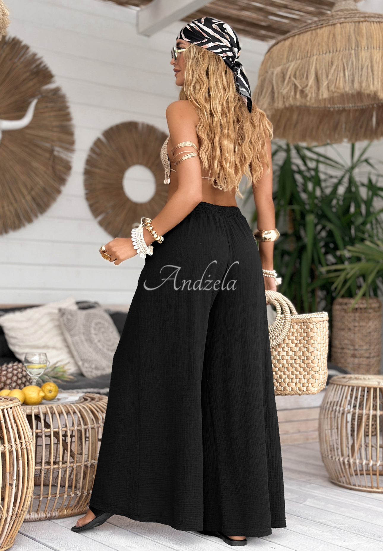 Mušelínové nohavice wide leg Paradise Bay čierne
