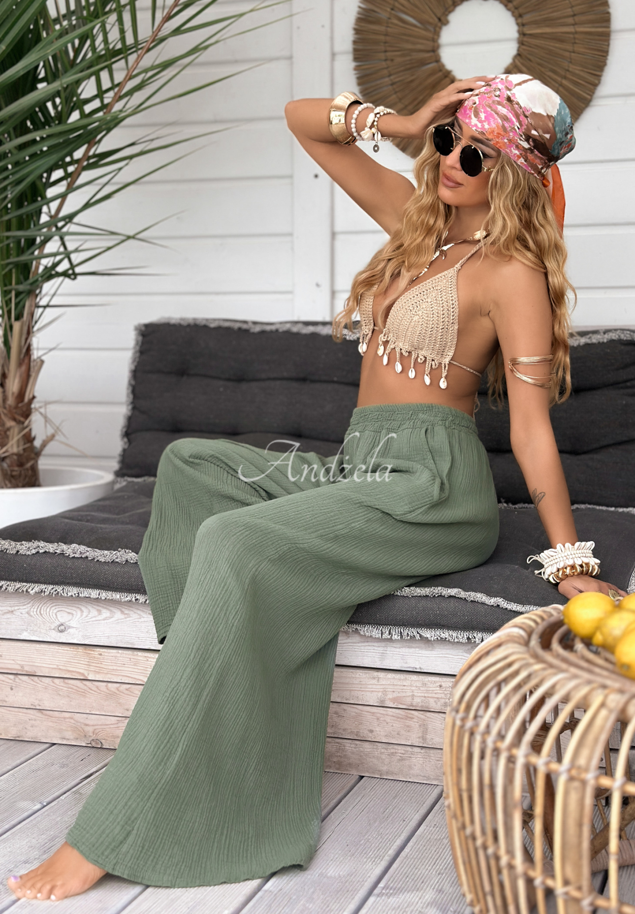 Mušelínové nohavice wide leg Paradise Bay khaki