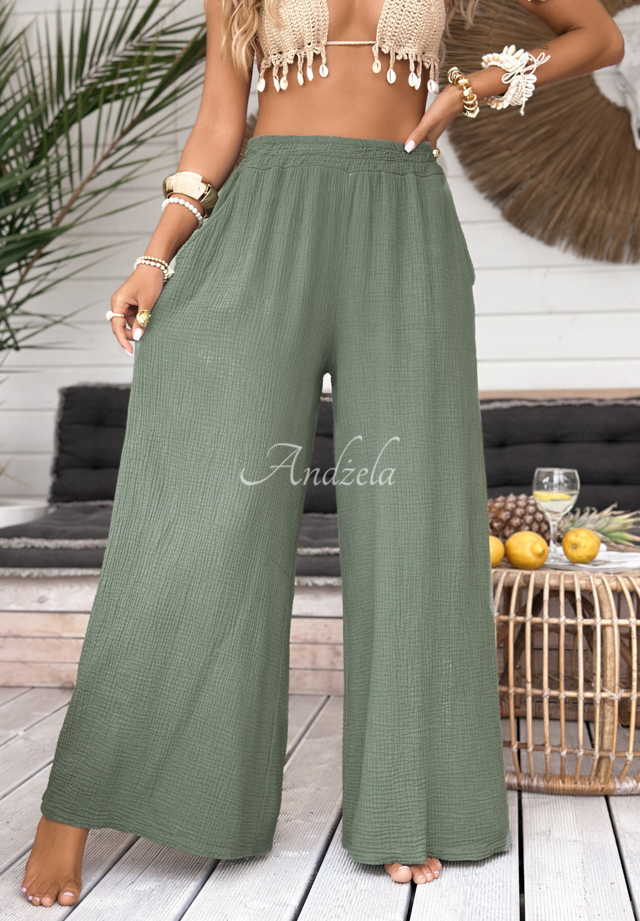 Mušelínové nohavice wide leg Paradise Bay khaki
