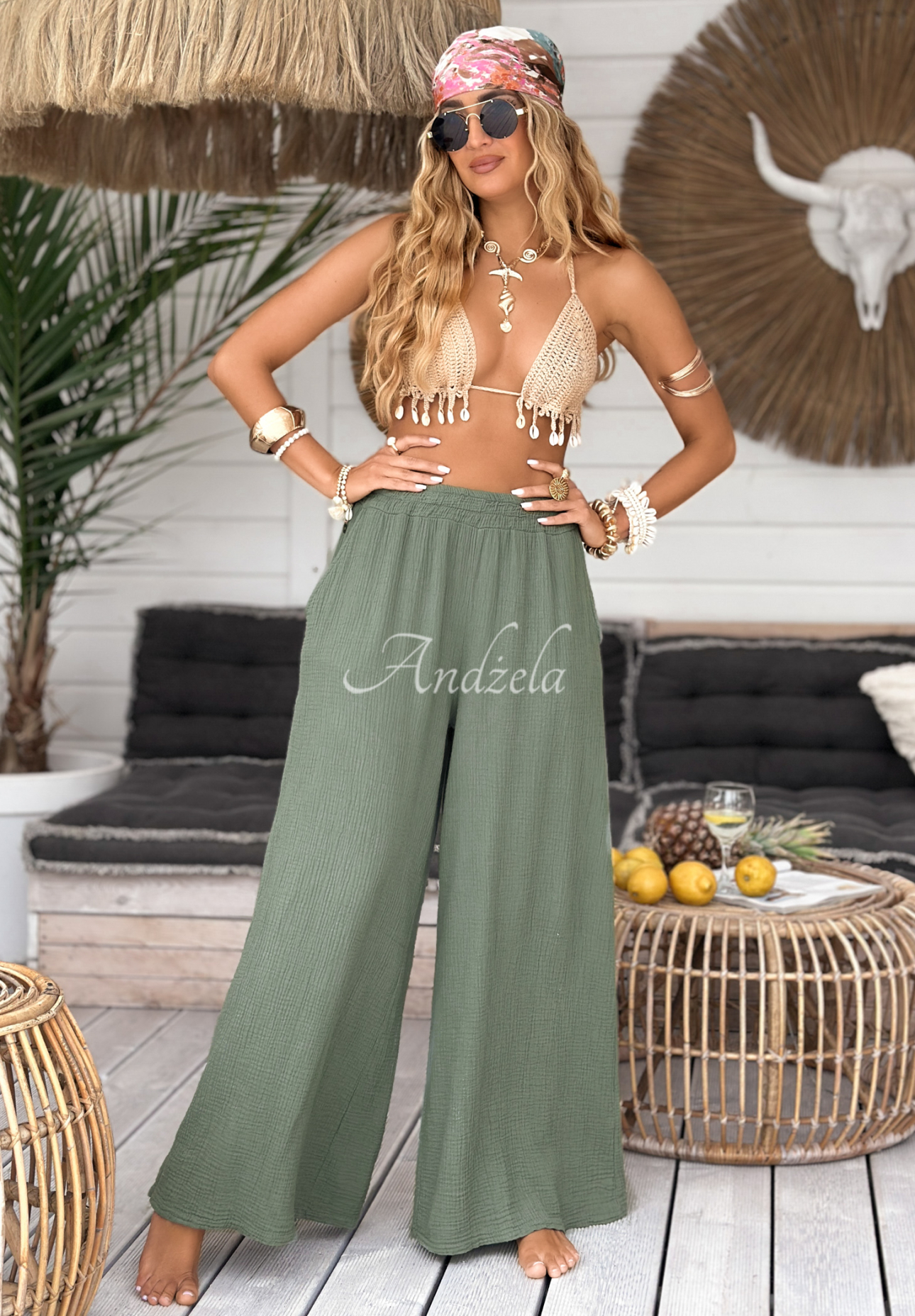 Mušelínové nohavice wide leg Paradise Bay khaki