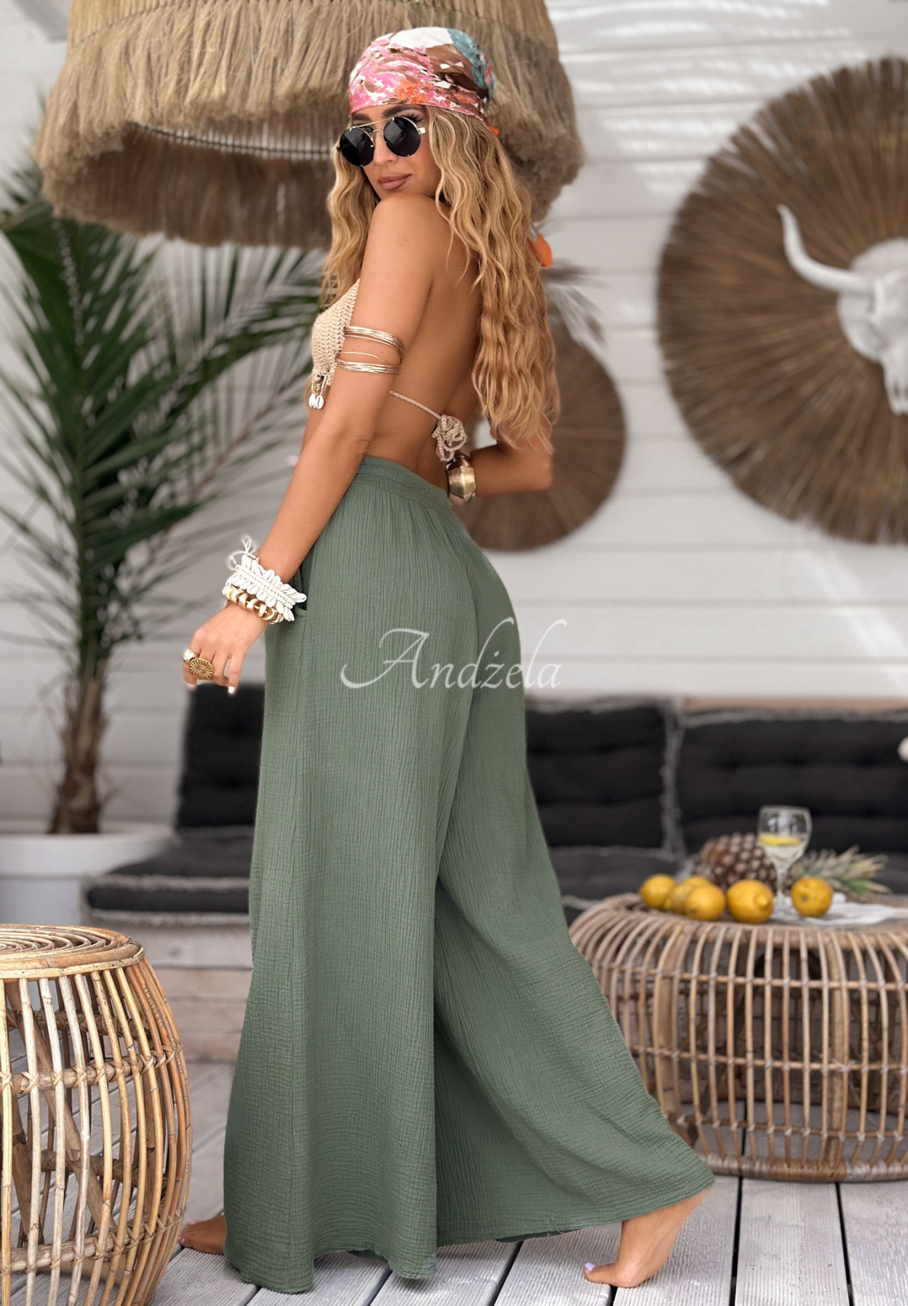 Mušelínové nohavice wide leg Paradise Bay khaki