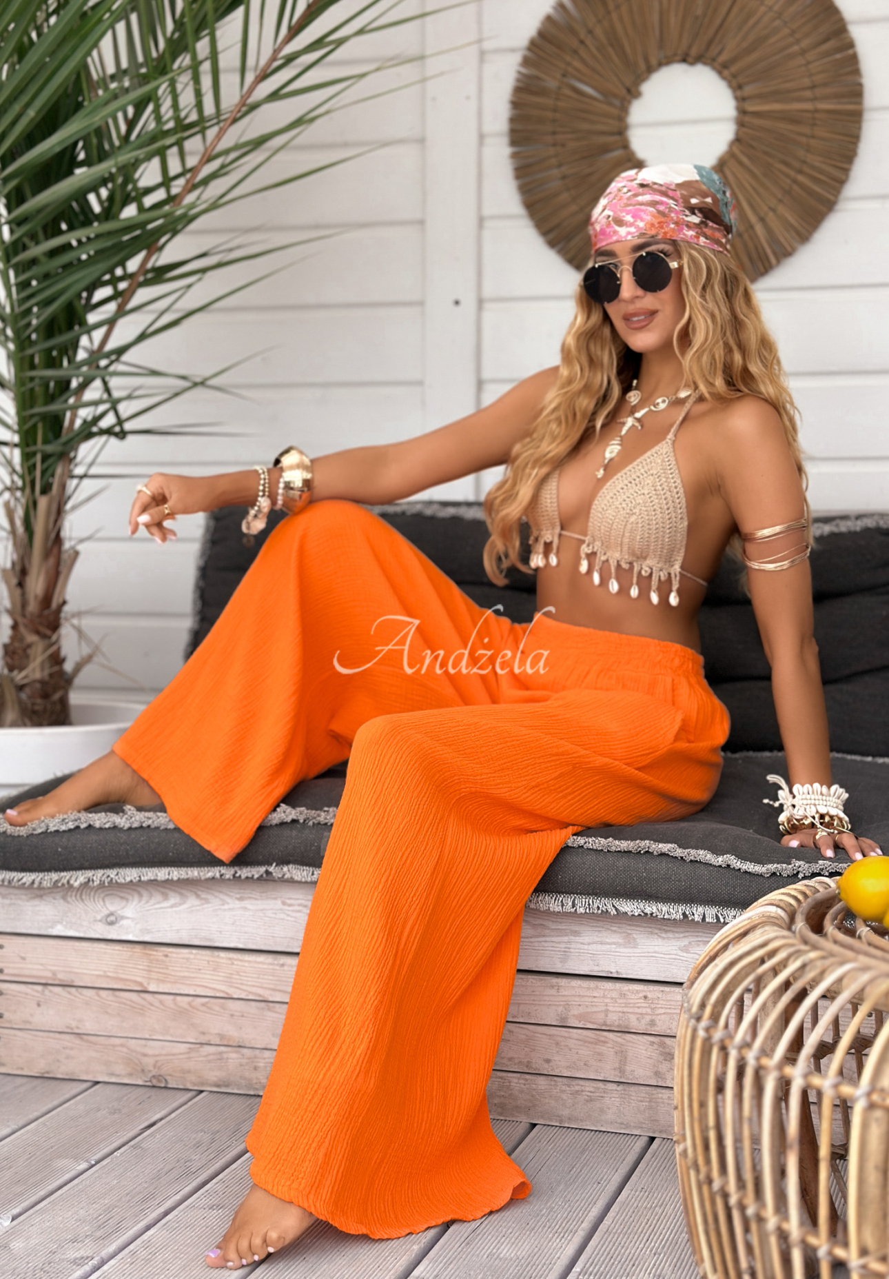 Mušelínové nohavice wide leg Paradise Bay oranžové