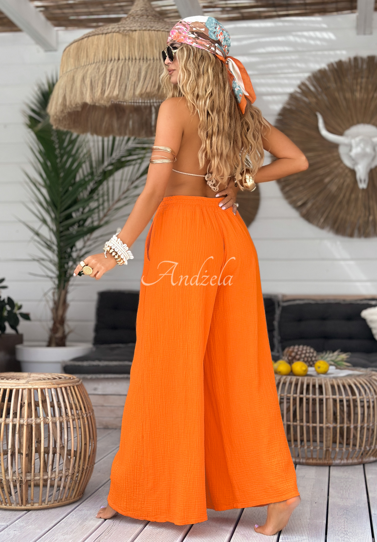 Mušelínové nohavice wide leg Paradise Bay oranžové