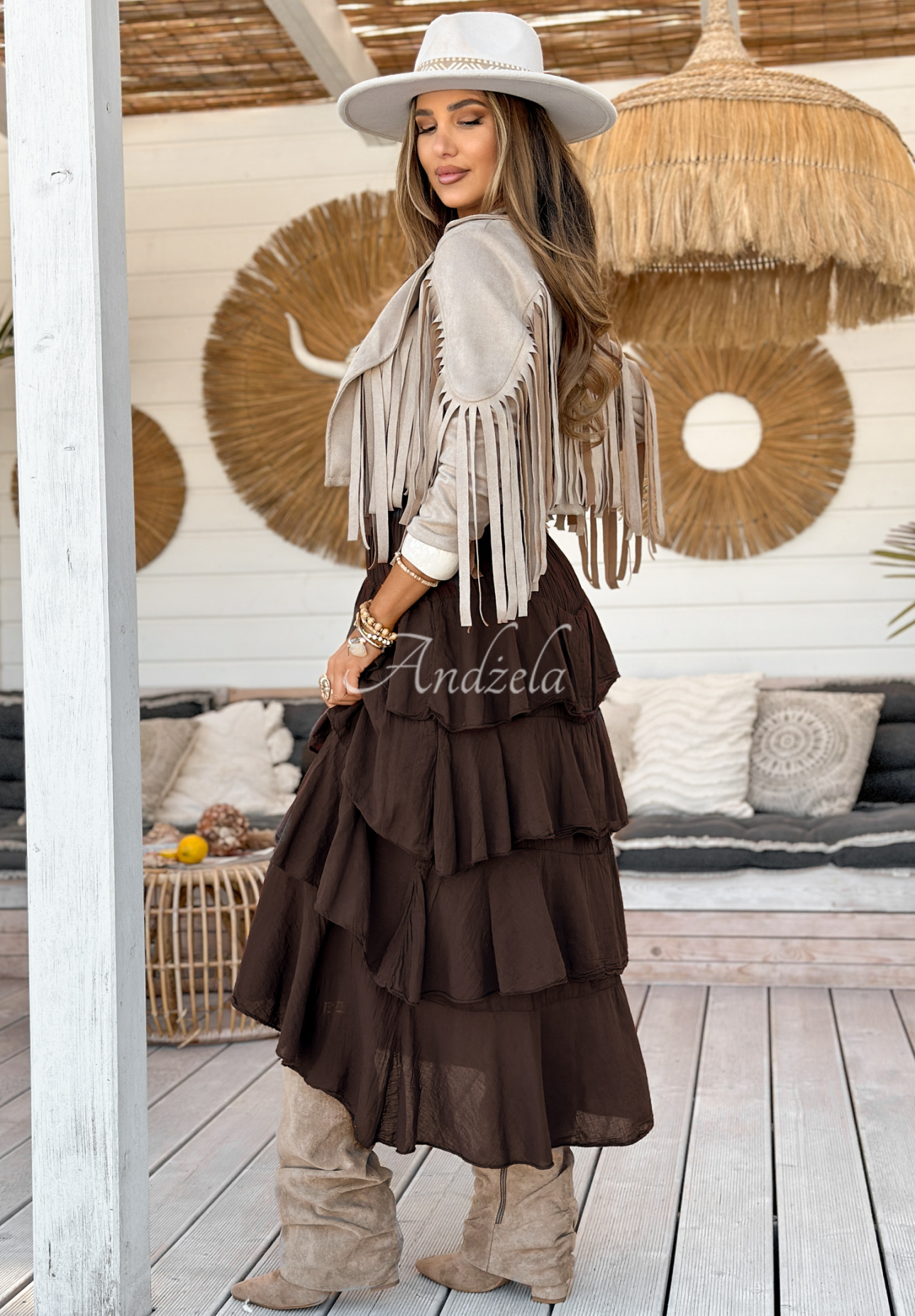 Sukňa maxi s volánikmi Boho Sands čokoládová