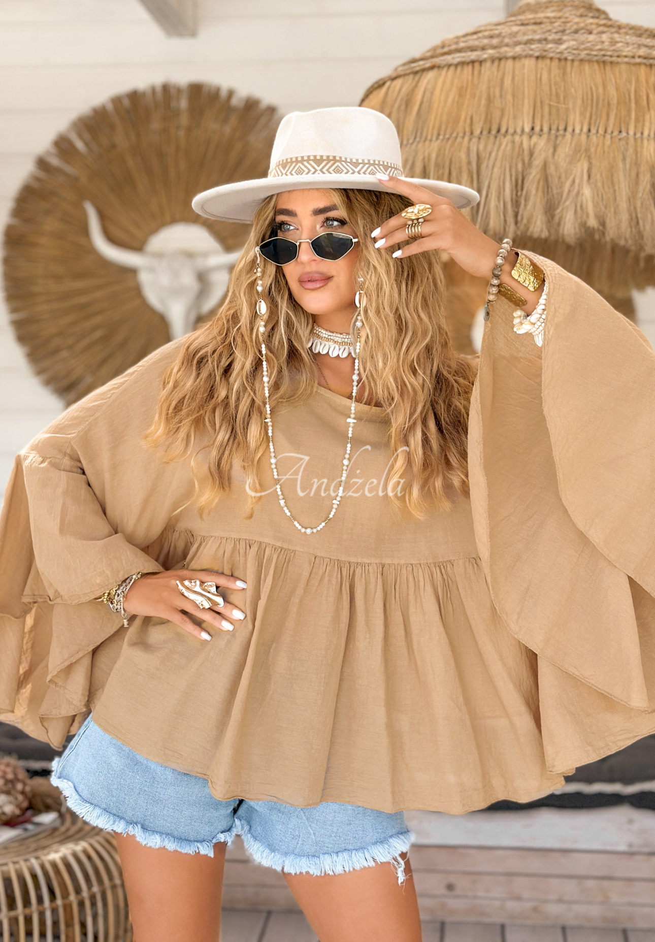 Blúzka oversize s volánikmi Sunkissed Bliss čokoládová
