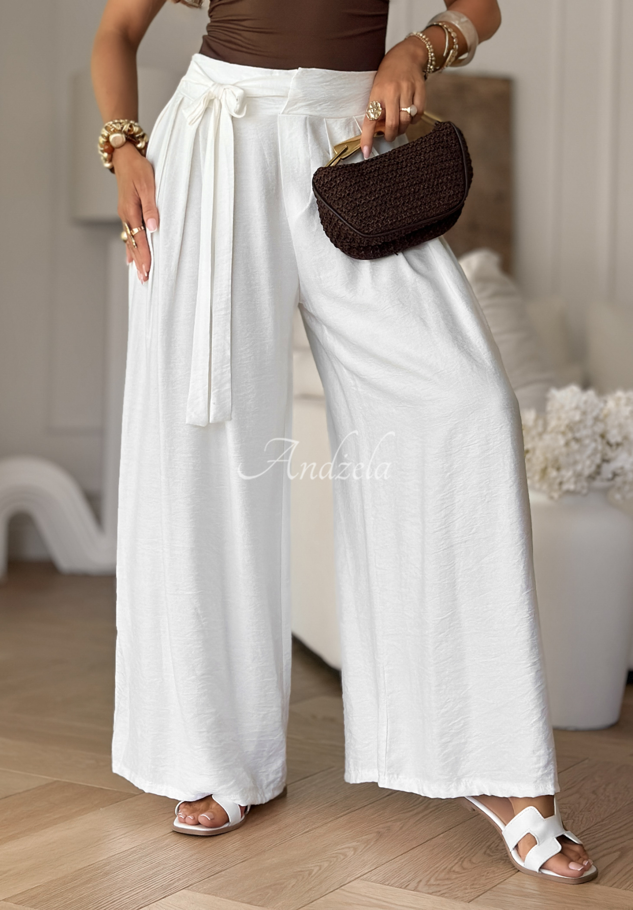 Viskózové nohavice wide leg s viazaním Wavy Happiness ecru