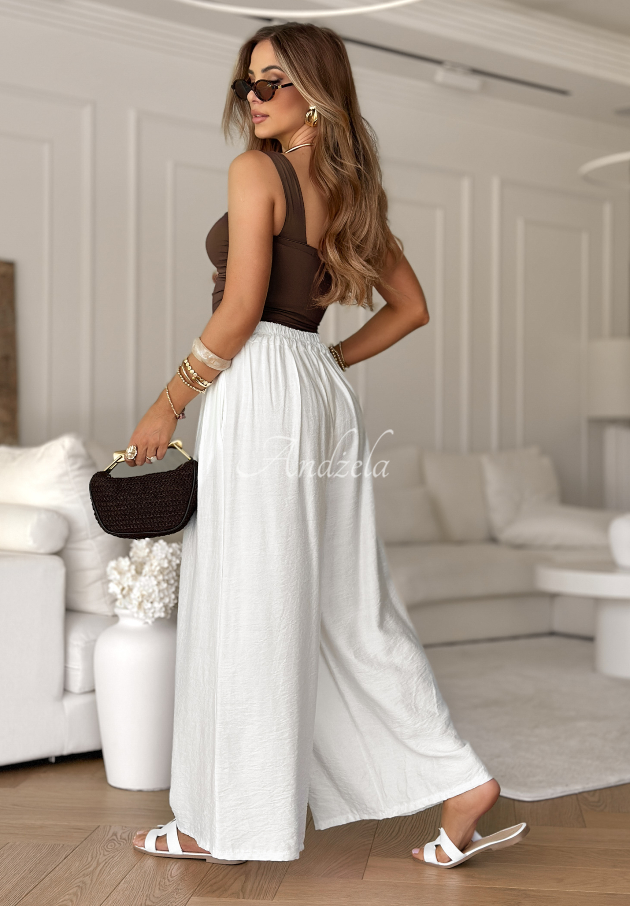 Viskózové nohavice wide leg s viazaním Wavy Happiness ecru