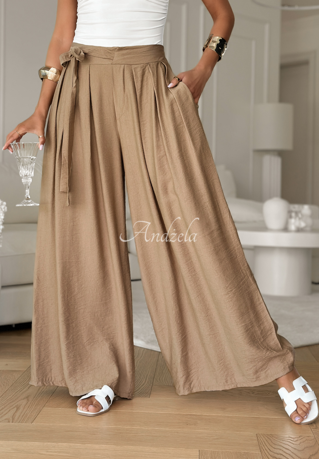 Viskózové nohavice wide leg s viazaním Wavy Happiness ťavie