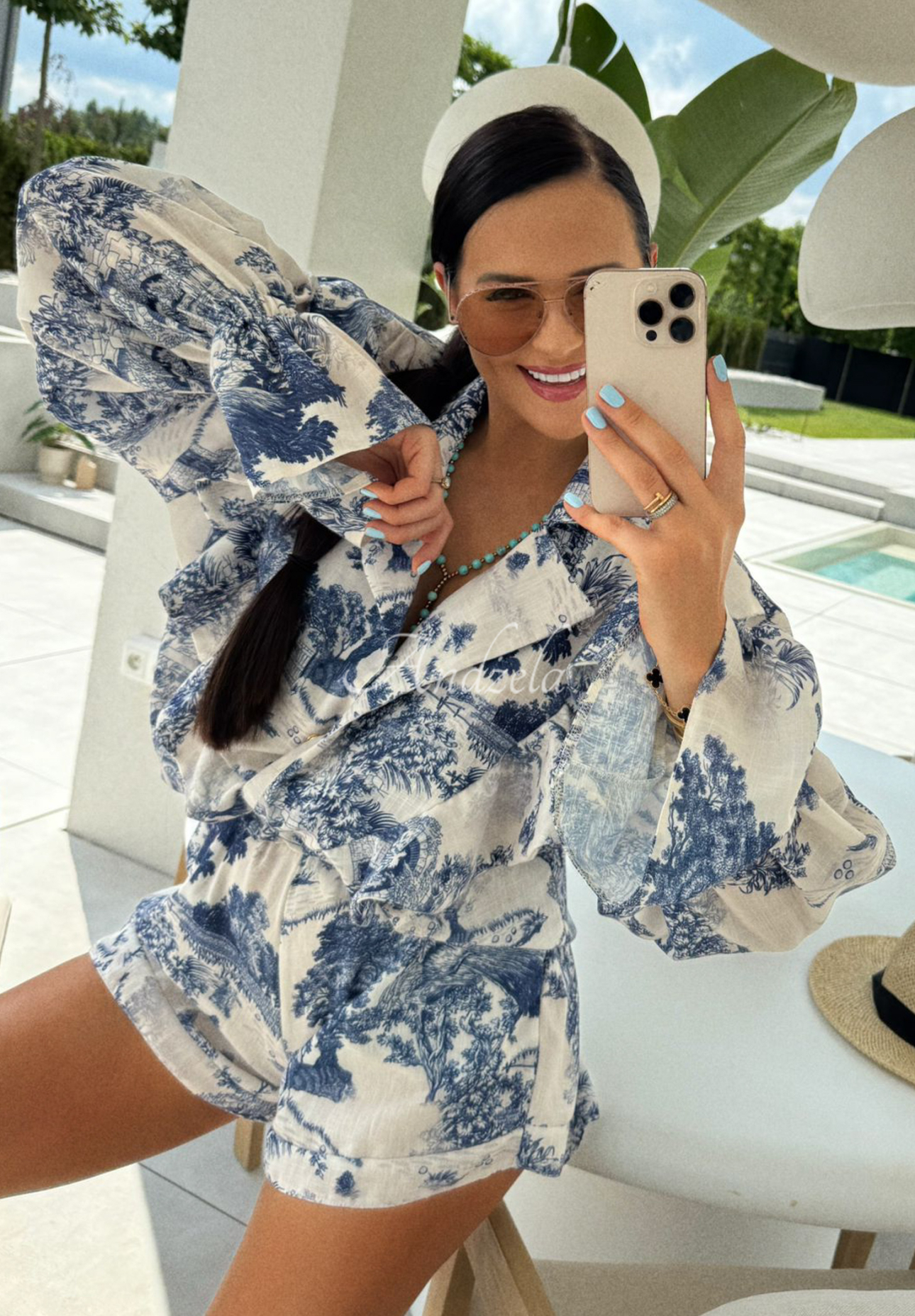 Ľanová súprava košeľa a šortky so vzormi La Milla Dreamy Places tmavomodrý