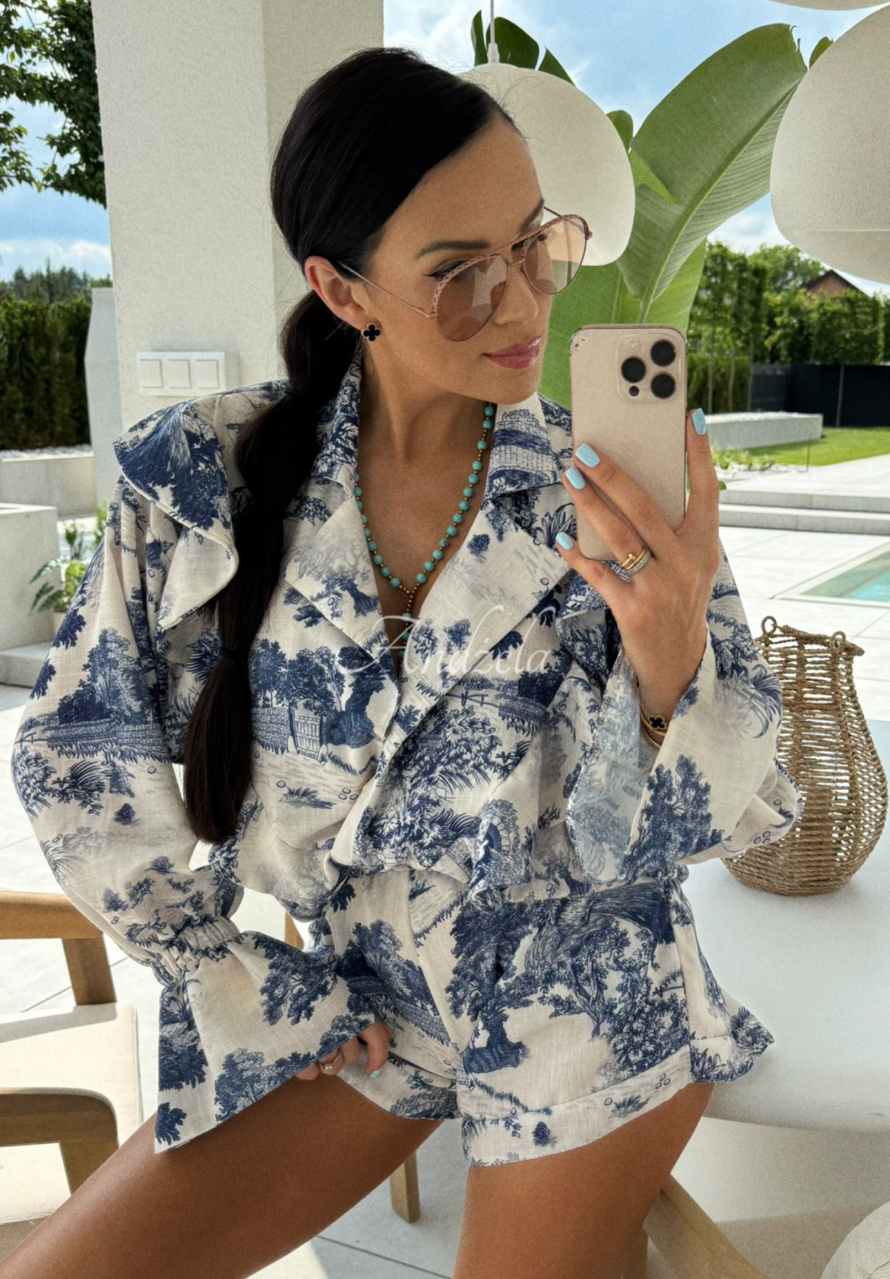 Ľanová súprava košeľa a šortky so vzormi La Milla Dreamy Places tmavomodrý