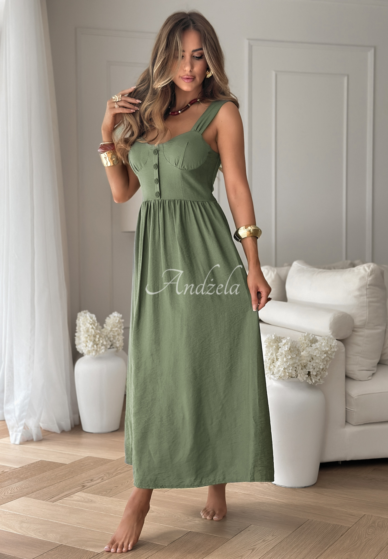 Viskózové šaty na ramienka La Esmeralda khaki