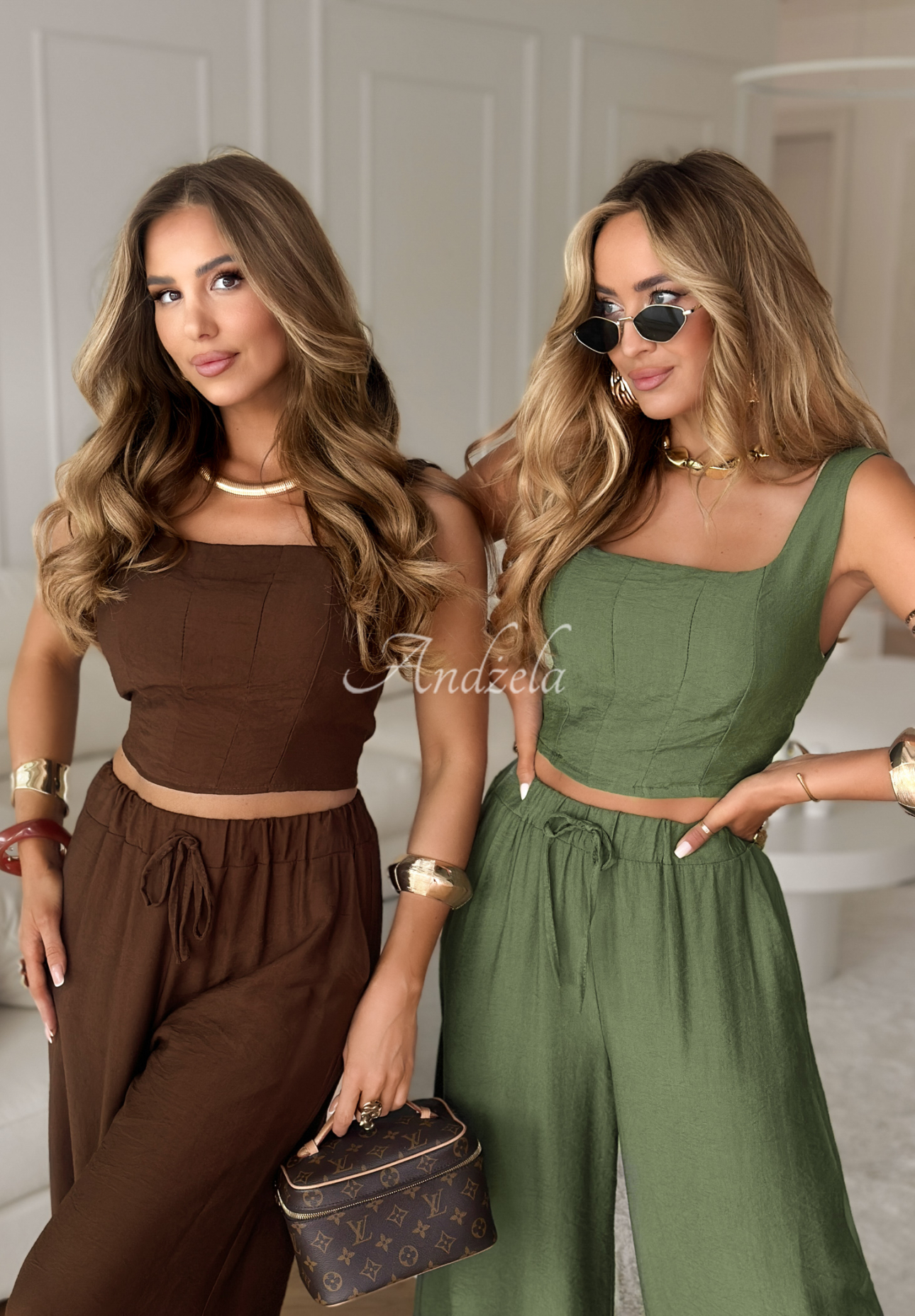 Viskózová súprava top a nohavice wide leg La Colorada khaki