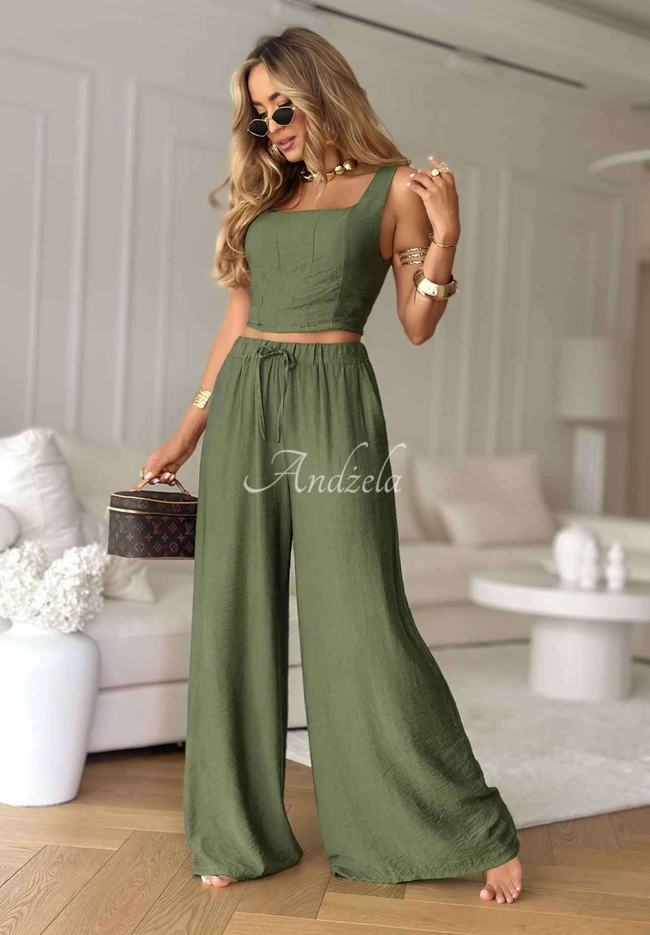 Viskózová súprava top a nohavice wide leg La Colorada khaki