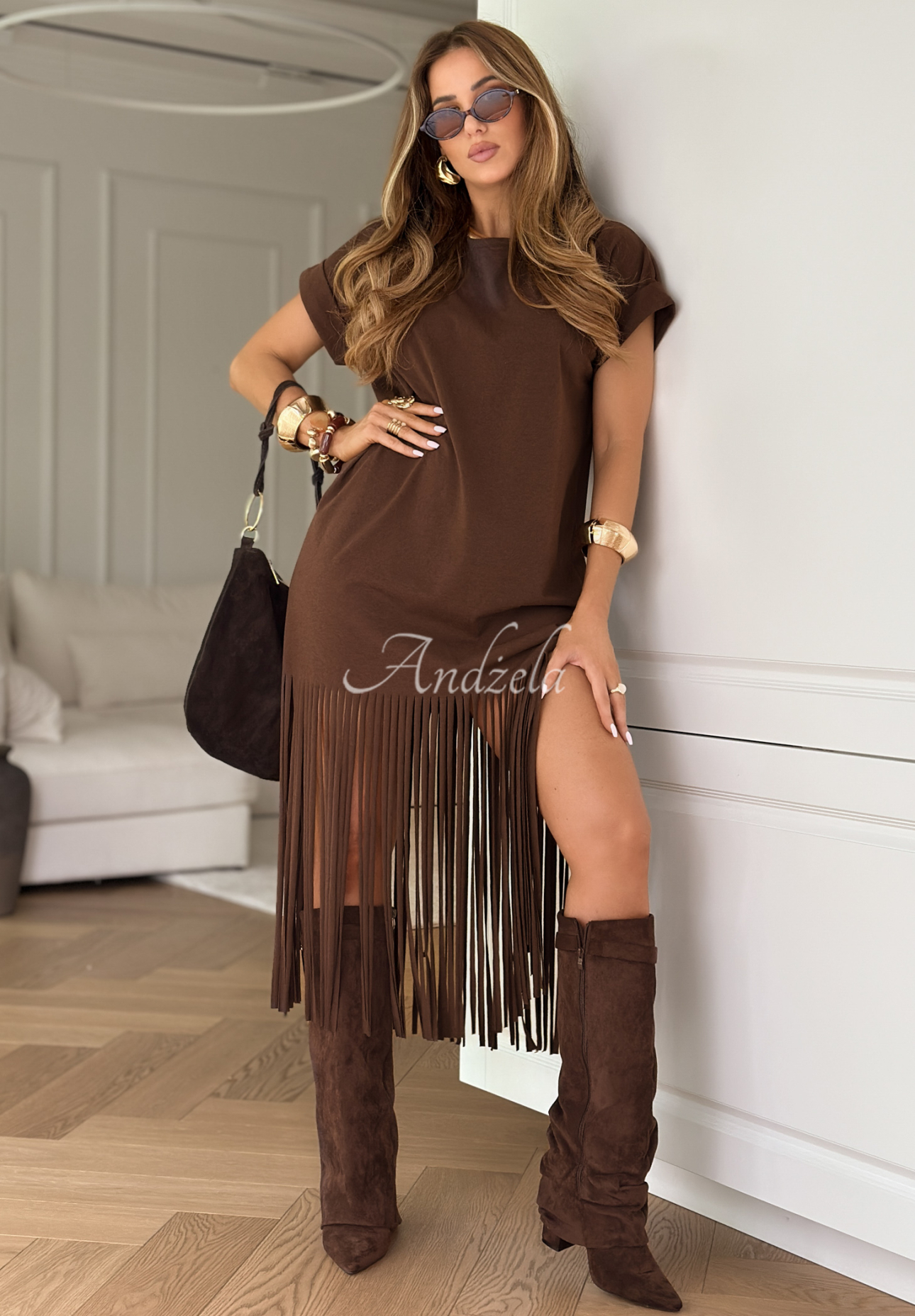 Šaty so strapcami boho Rancho Cortes čokoládová