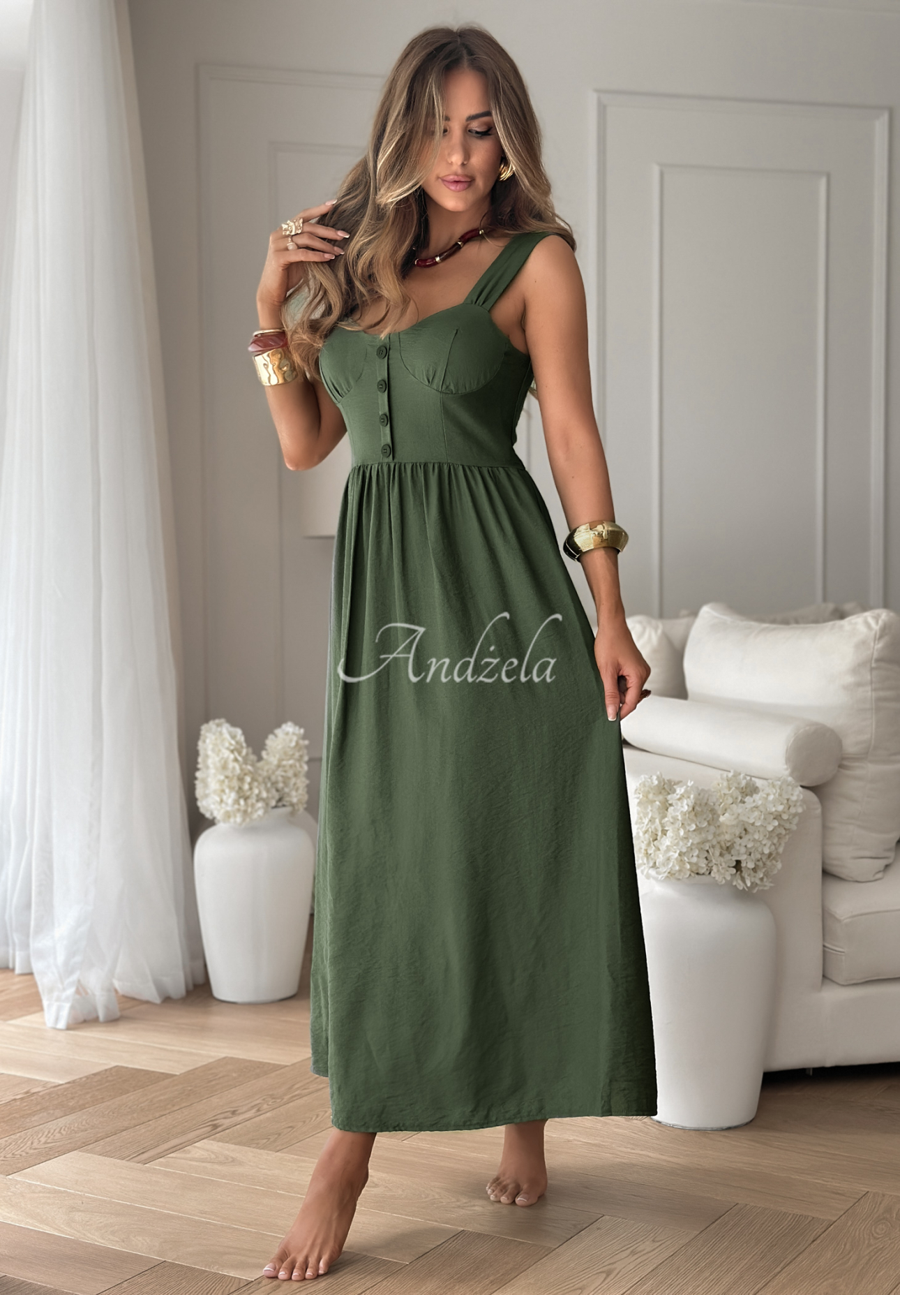 Viskózové šaty na ramienka La Esmeralda khaki