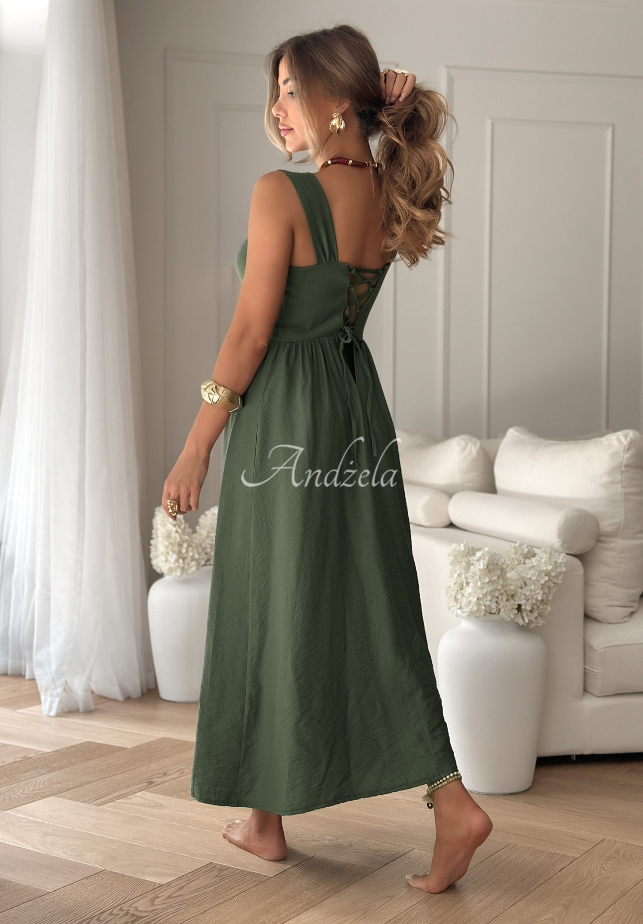 Viskózové šaty na ramienka La Esmeralda khaki