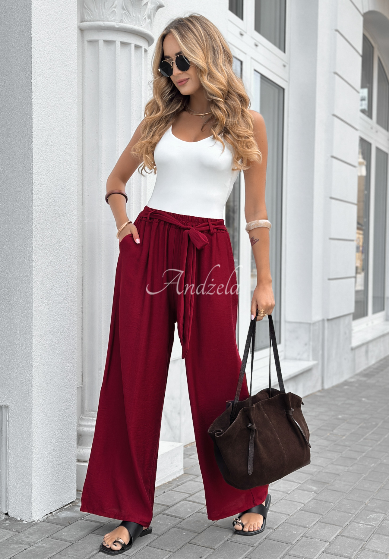 Viskózové nohavice wide leg s opaskom Jefferson City bordové