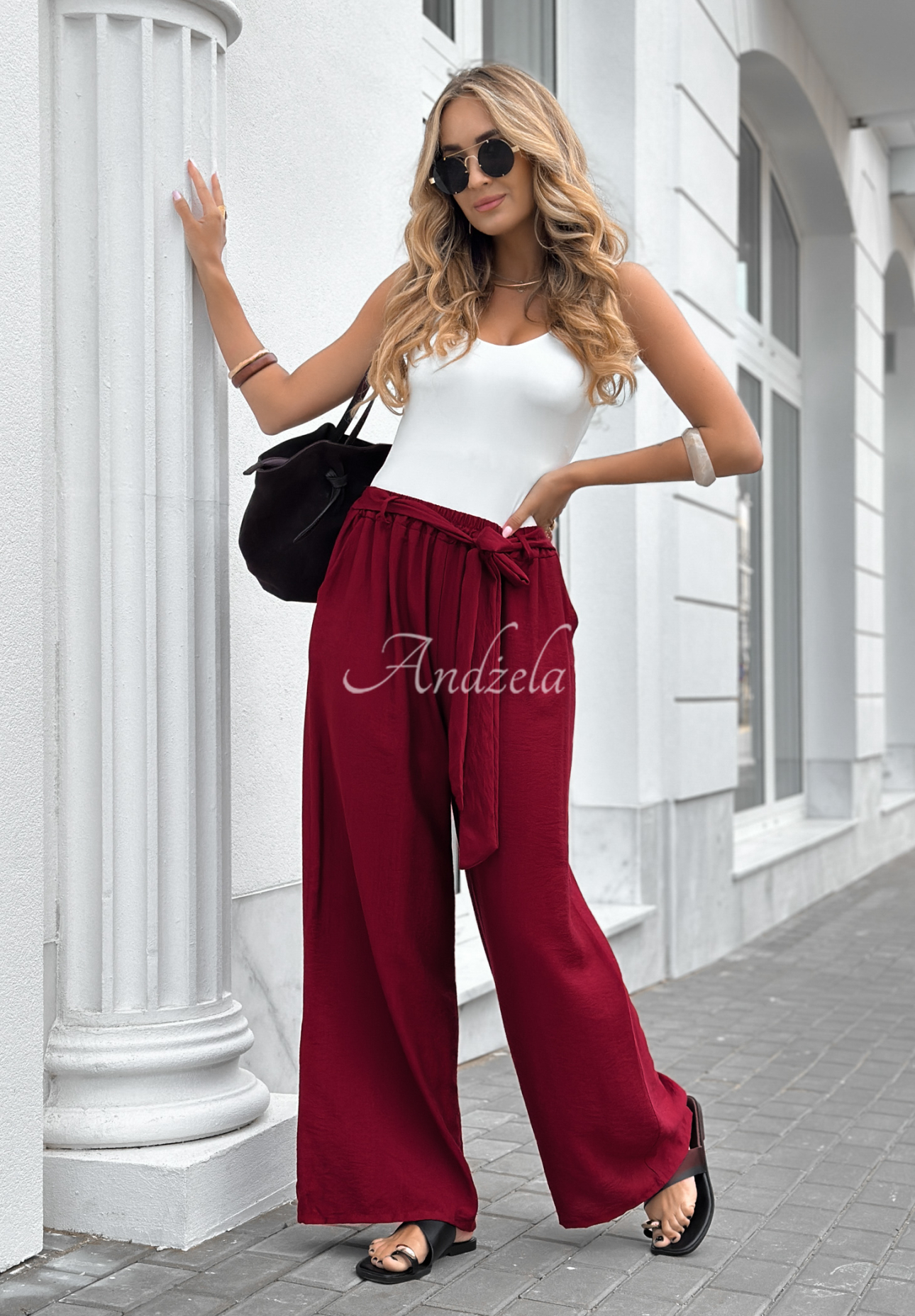 Viskózové nohavice wide leg s opaskom Jefferson City bordové