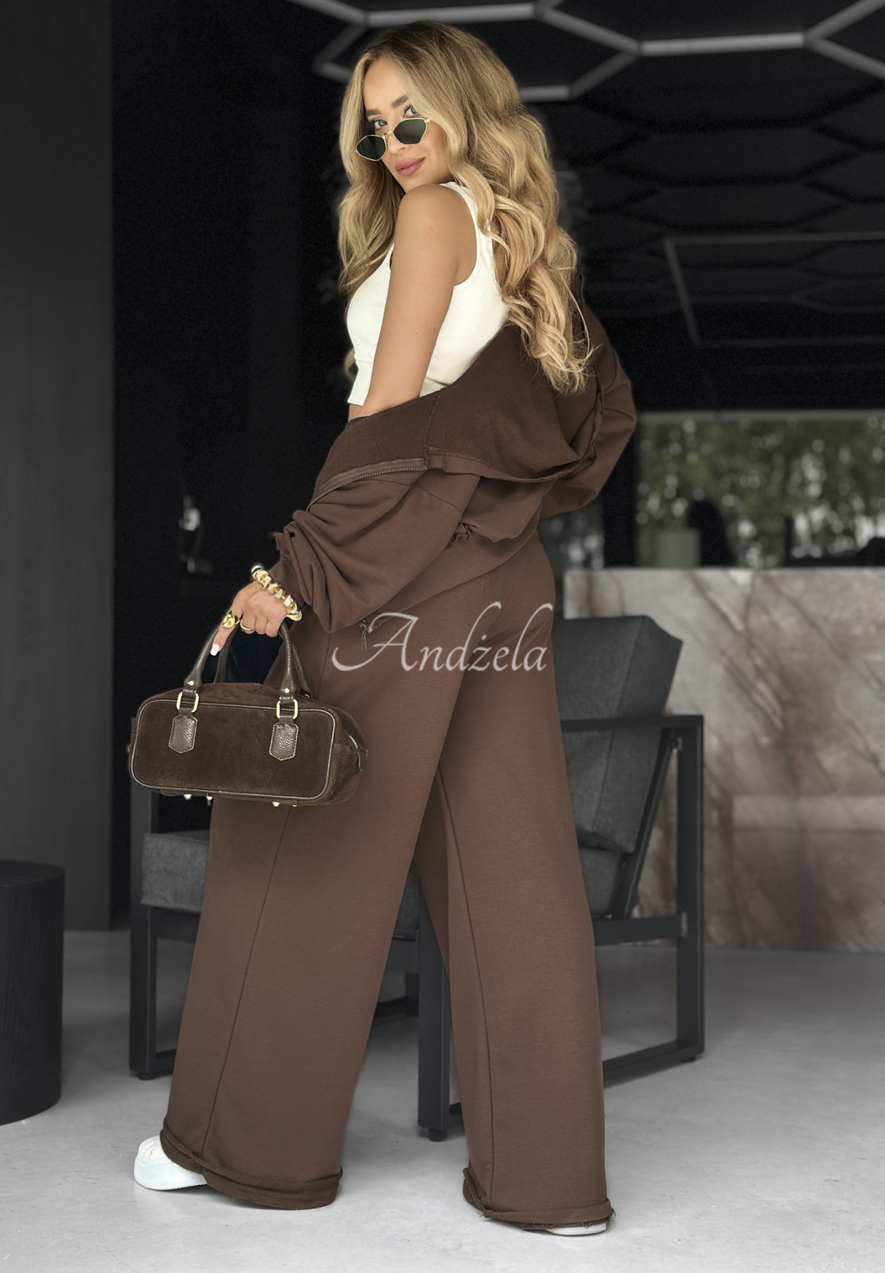 Súprava 3in1 Top, mikina a nohavice wide leg Let’s Do This čokoládový