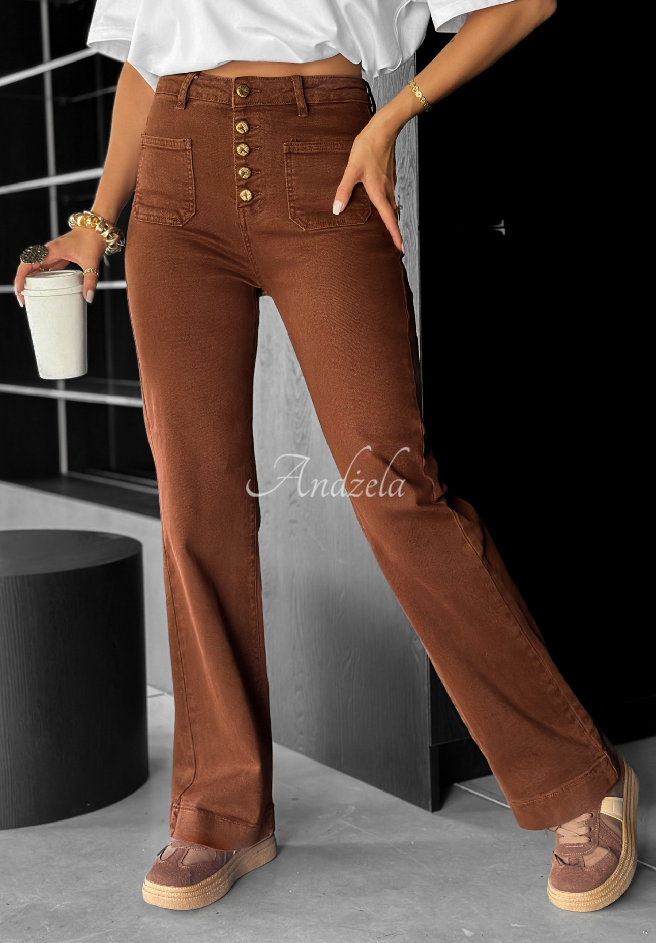 Džínsy wide leg This Is Real čokoládové
