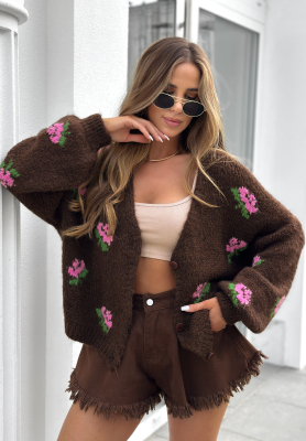 Krátky kardigan s kvetmi Bloomingdale čokoládový