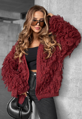 Krátky kardigán so strapcami Fringe bordová