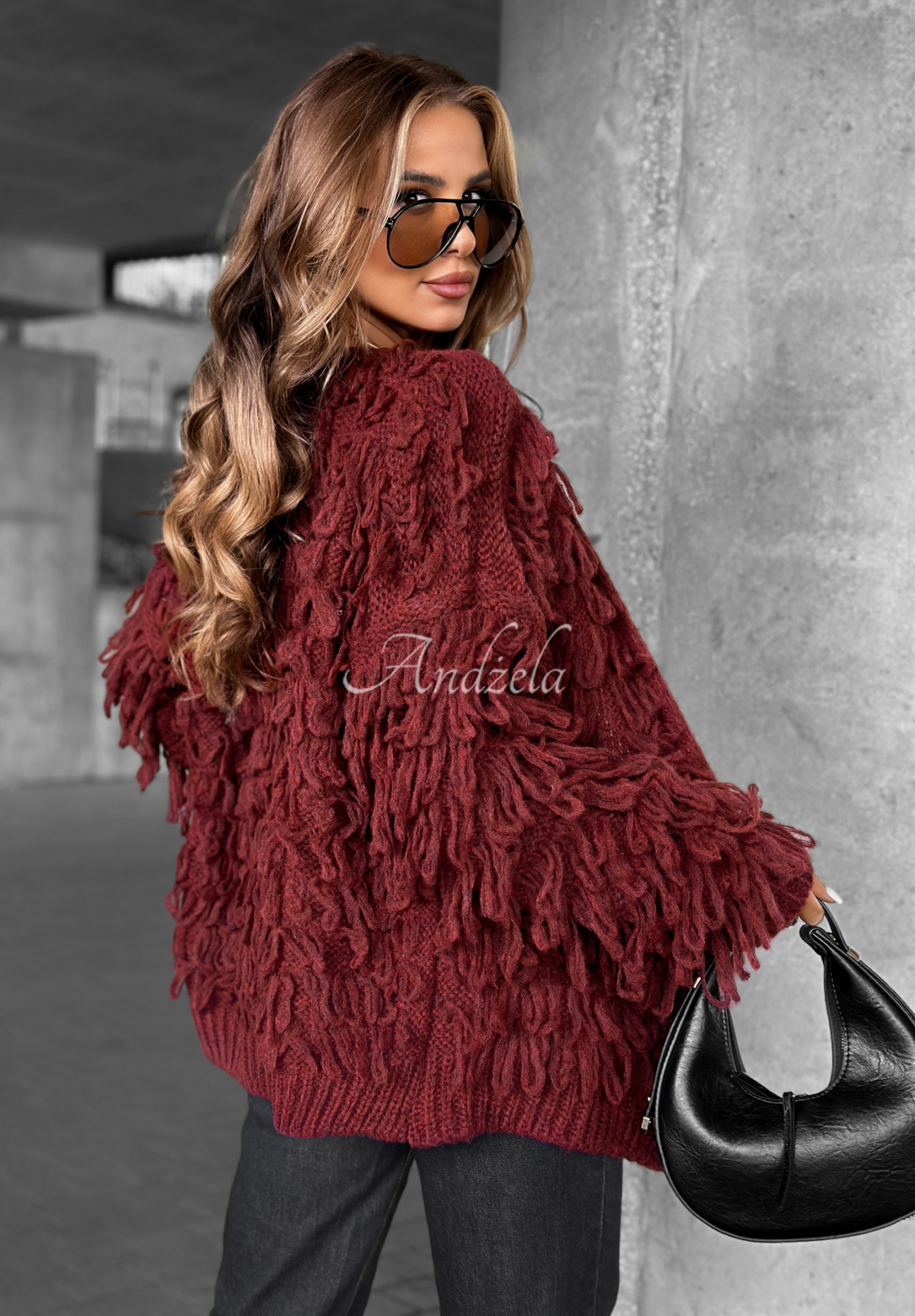 Krátky kardigán so strapcami Fringe bordová