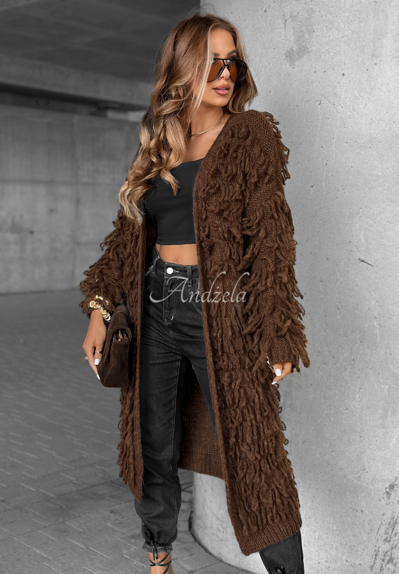 Dlhý kardigán so strapcami Fringe čokoládový