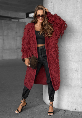 Dlhý kardigán so strapcami Fringe bordová