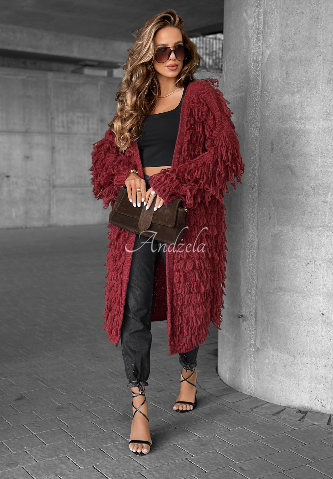 Dlhý kardigán so strapcami Fringe bordová