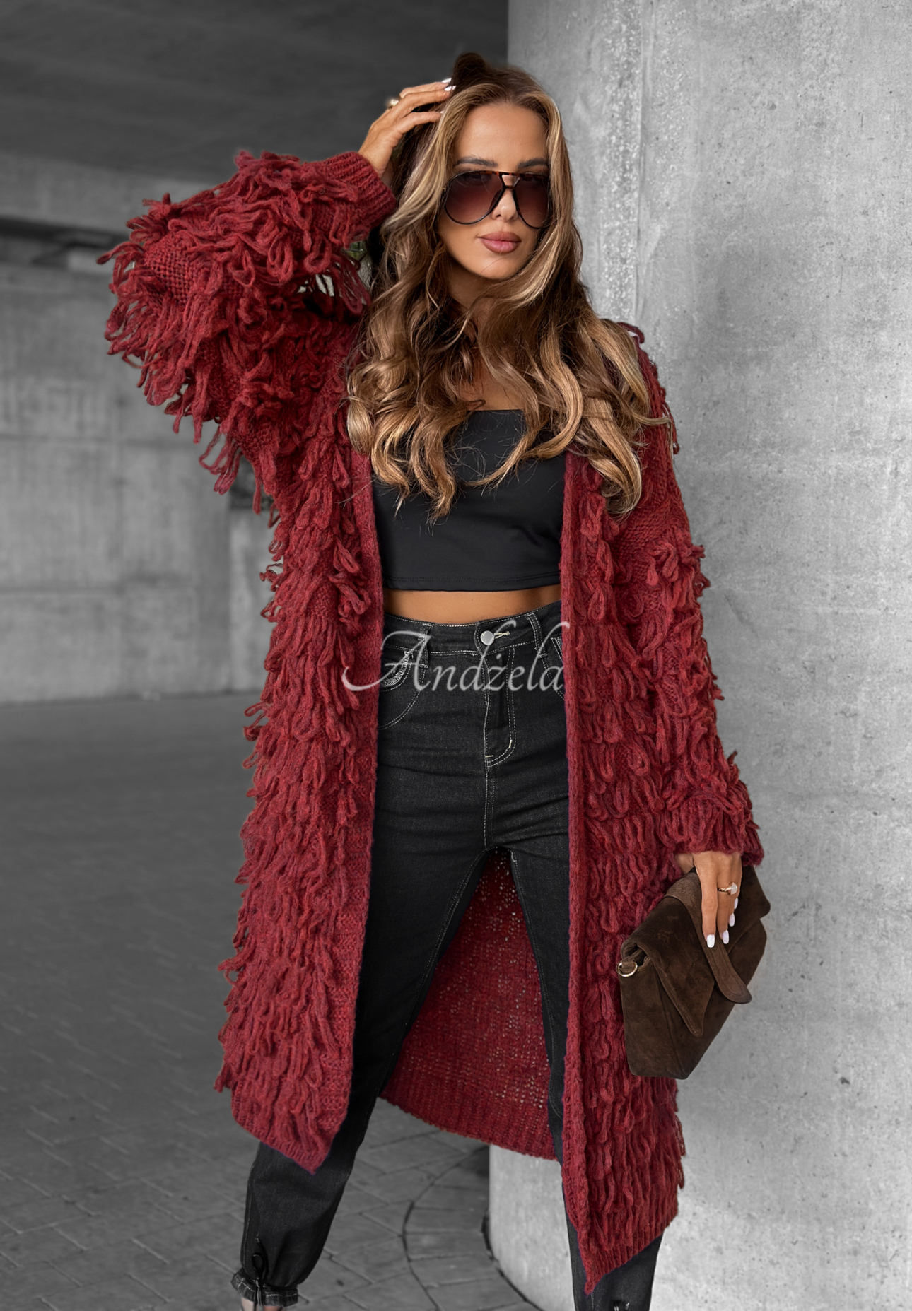 Dlhý kardigán so strapcami Fringe bordová