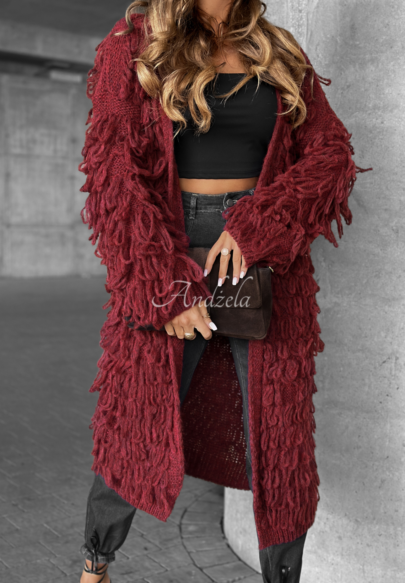 Dlhý kardigán so strapcami Fringe bordová
