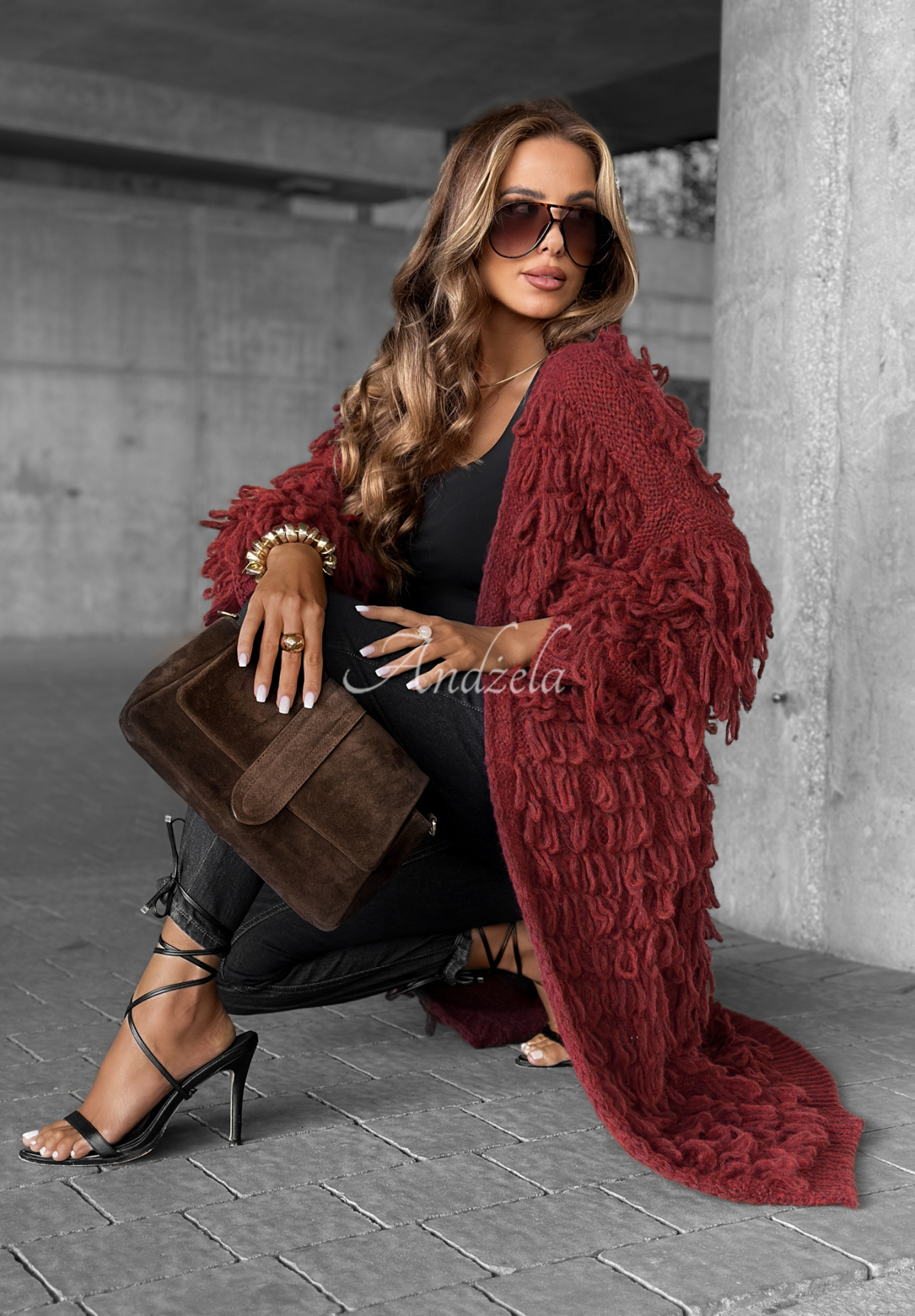 Dlhý kardigán so strapcami Fringe bordová