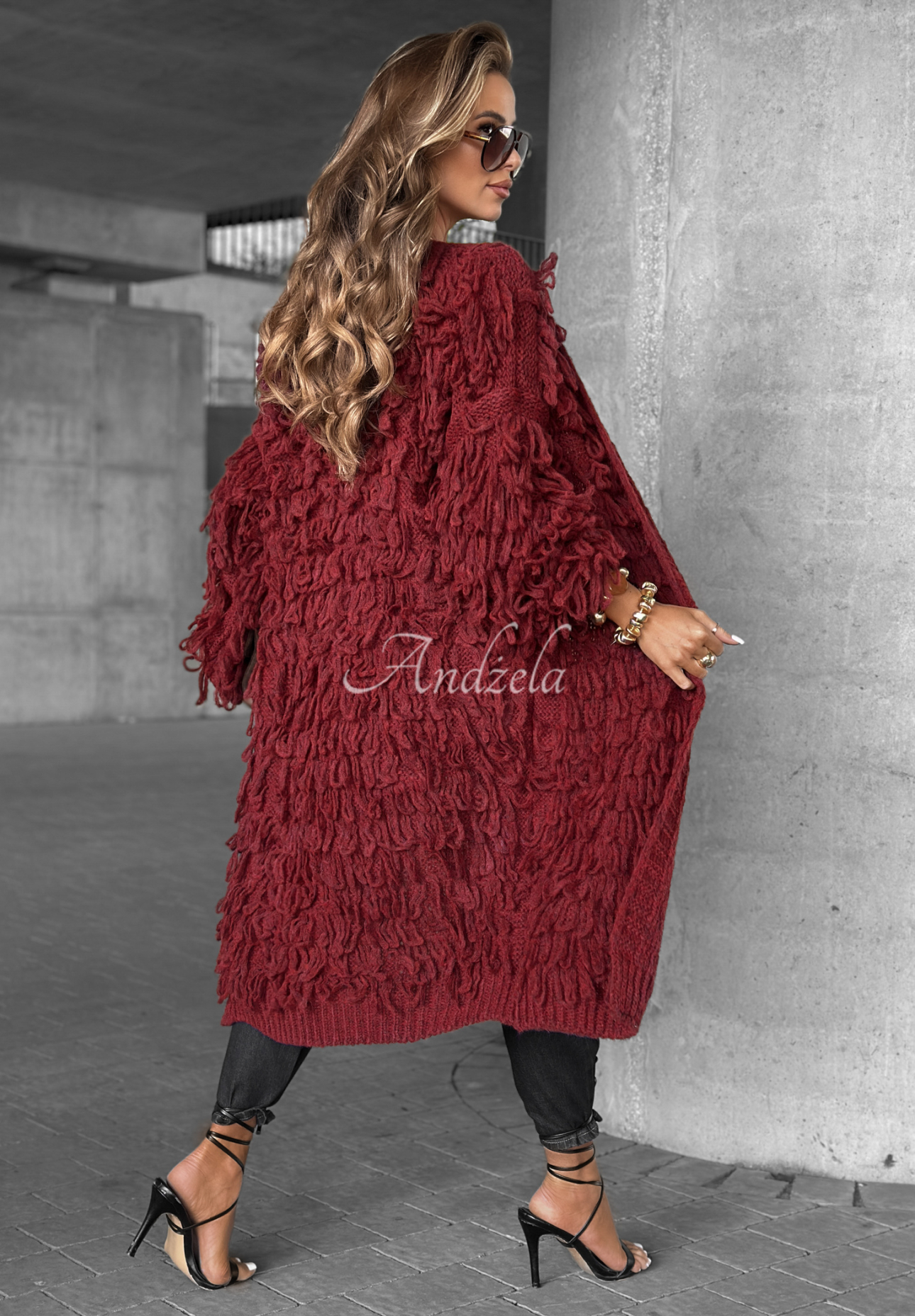 Dlhý kardigán so strapcami Fringe bordová