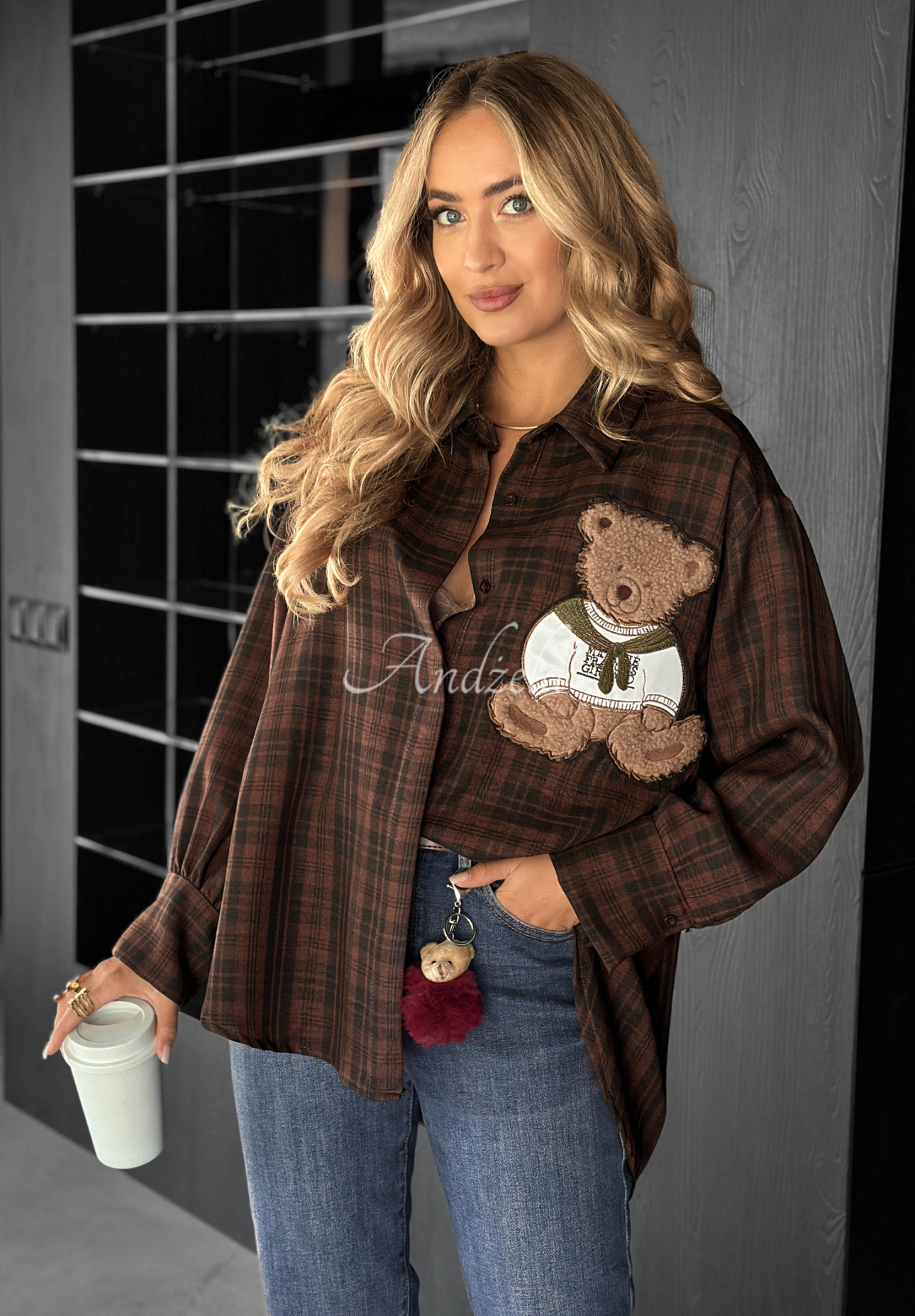Košeľa károvaná s nášivkou Vintage Teddy čokoládová