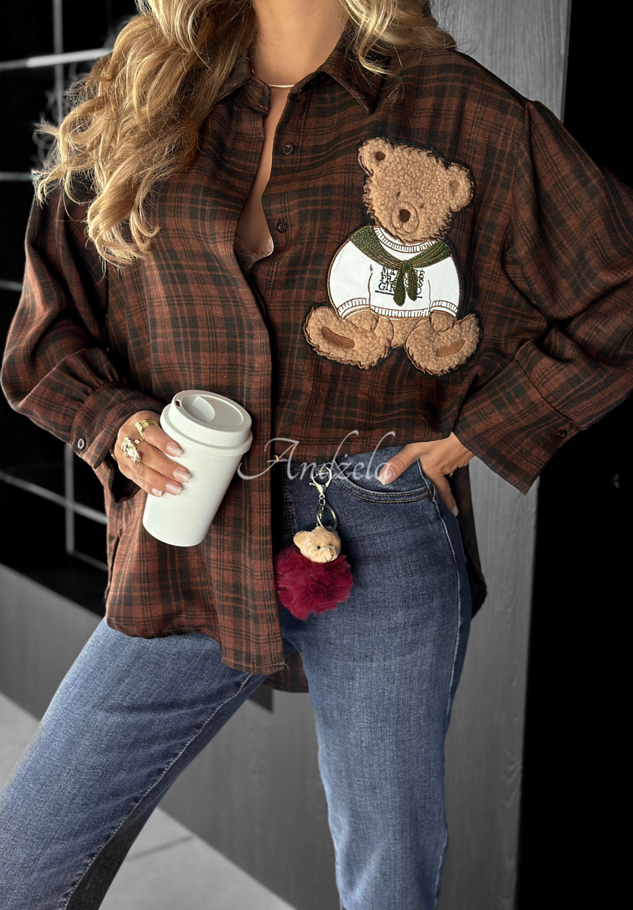Košeľa károvaná s nášivkou Vintage Teddy čokoládová