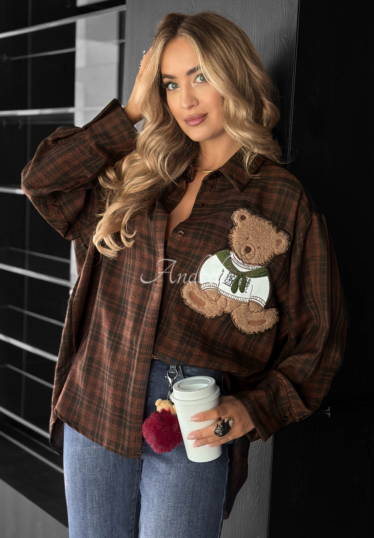 Košeľa károvaná s nášivkou Vintage Teddy čokoládová