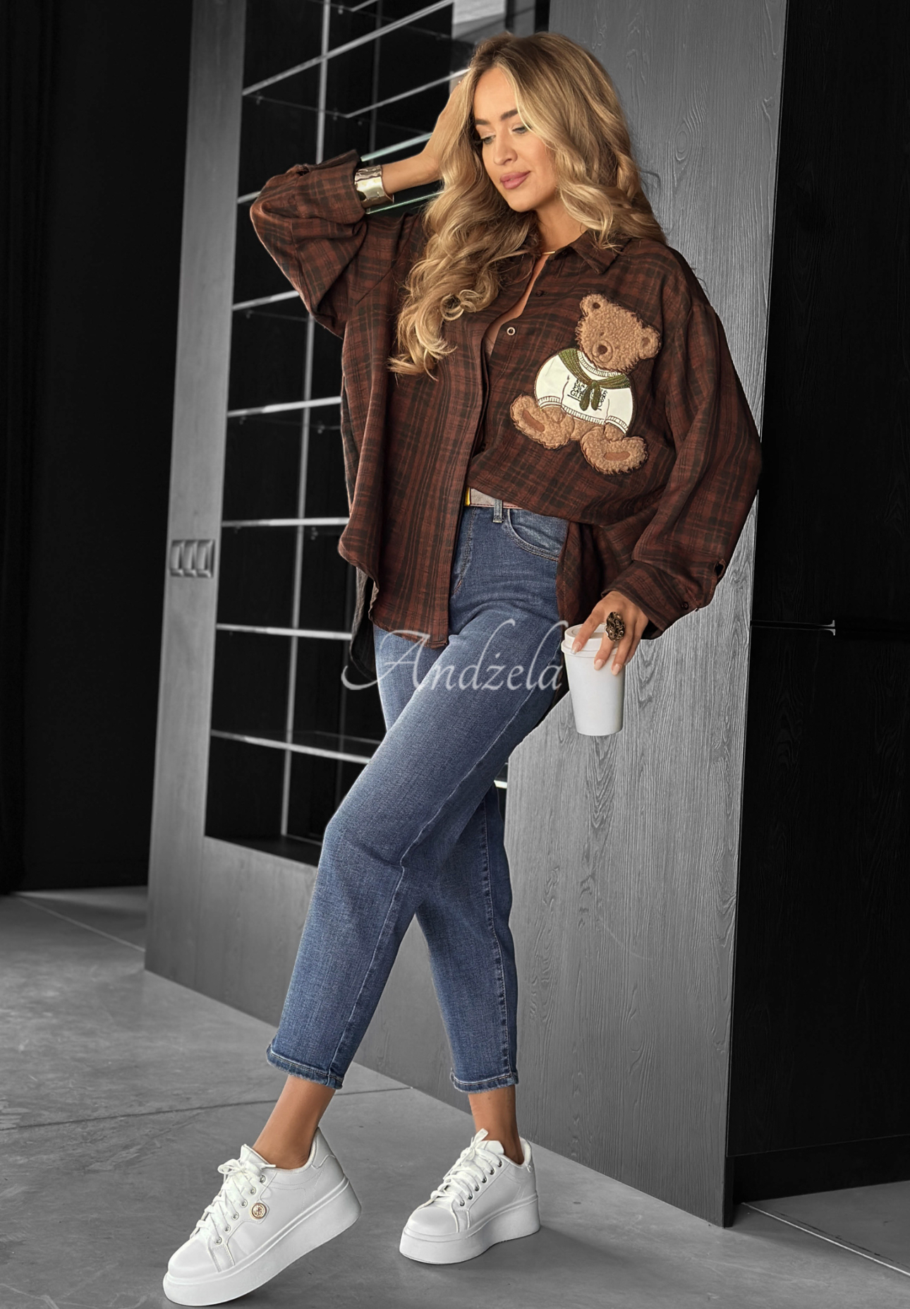 Košeľa károvaná s nášivkou Vintage Teddy čokoládová
