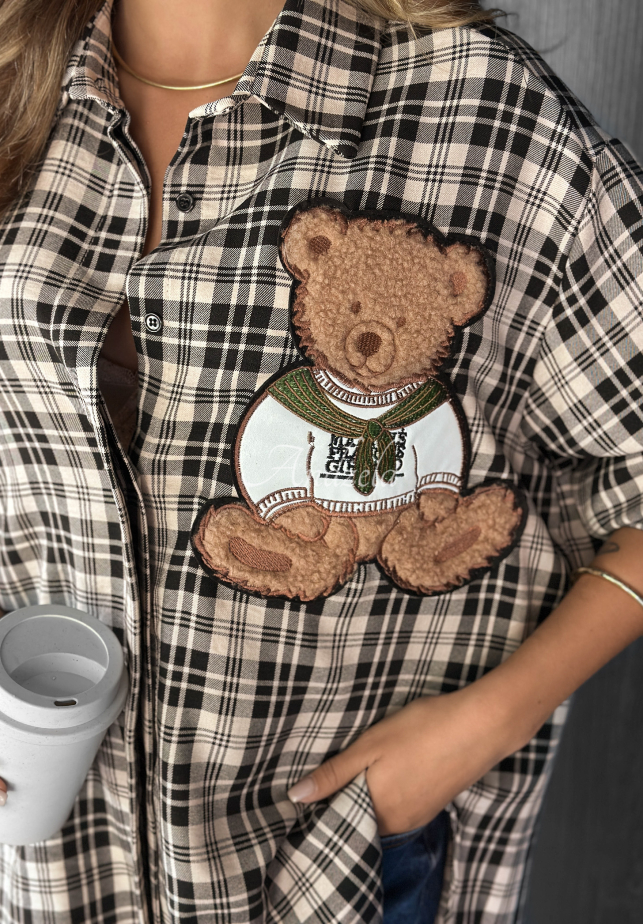 Košeľa károvaná s nášivkou Vintage Teddy béžová