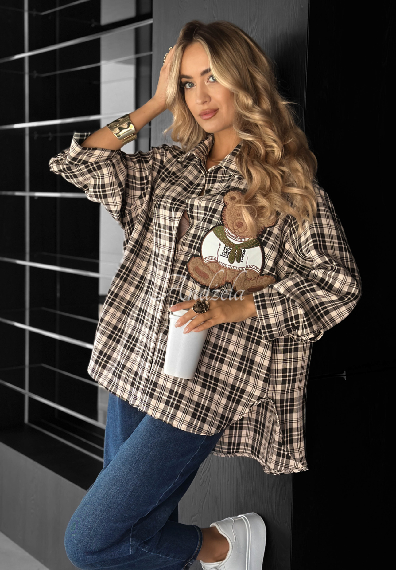 Košeľa károvaná s nášivkou Vintage Teddy béžová