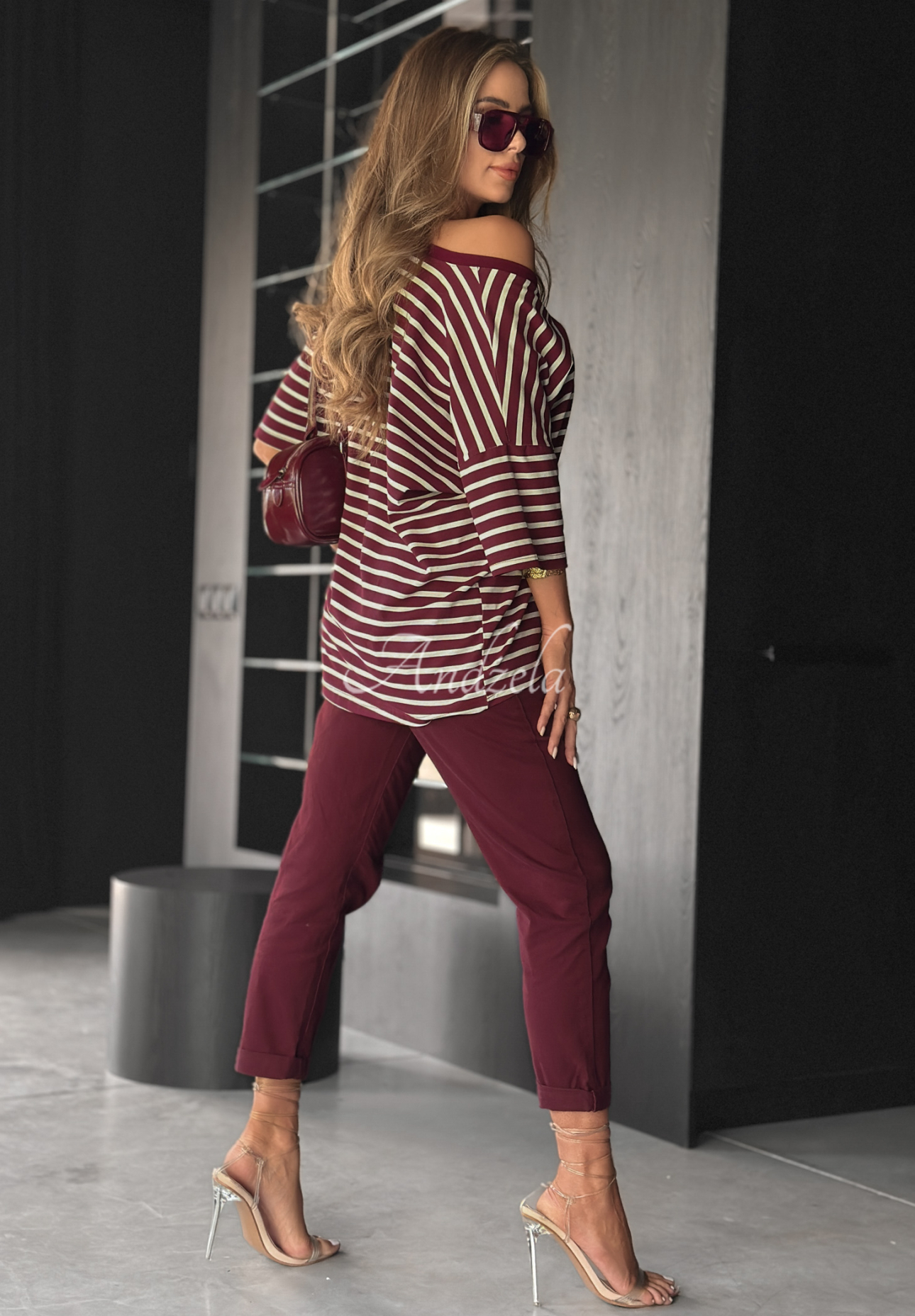 Tričko oversize s pruhmi Cascade bordová