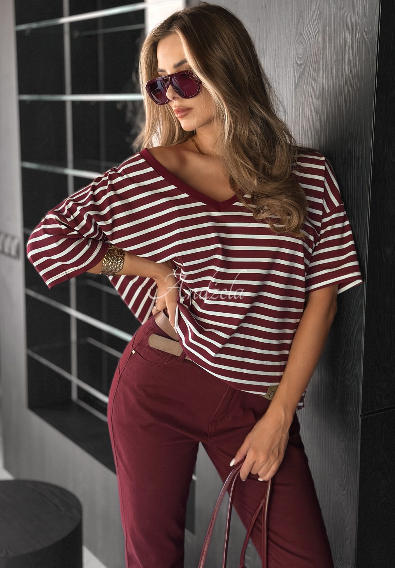 Tričko oversize s pruhmi Cascade bordová