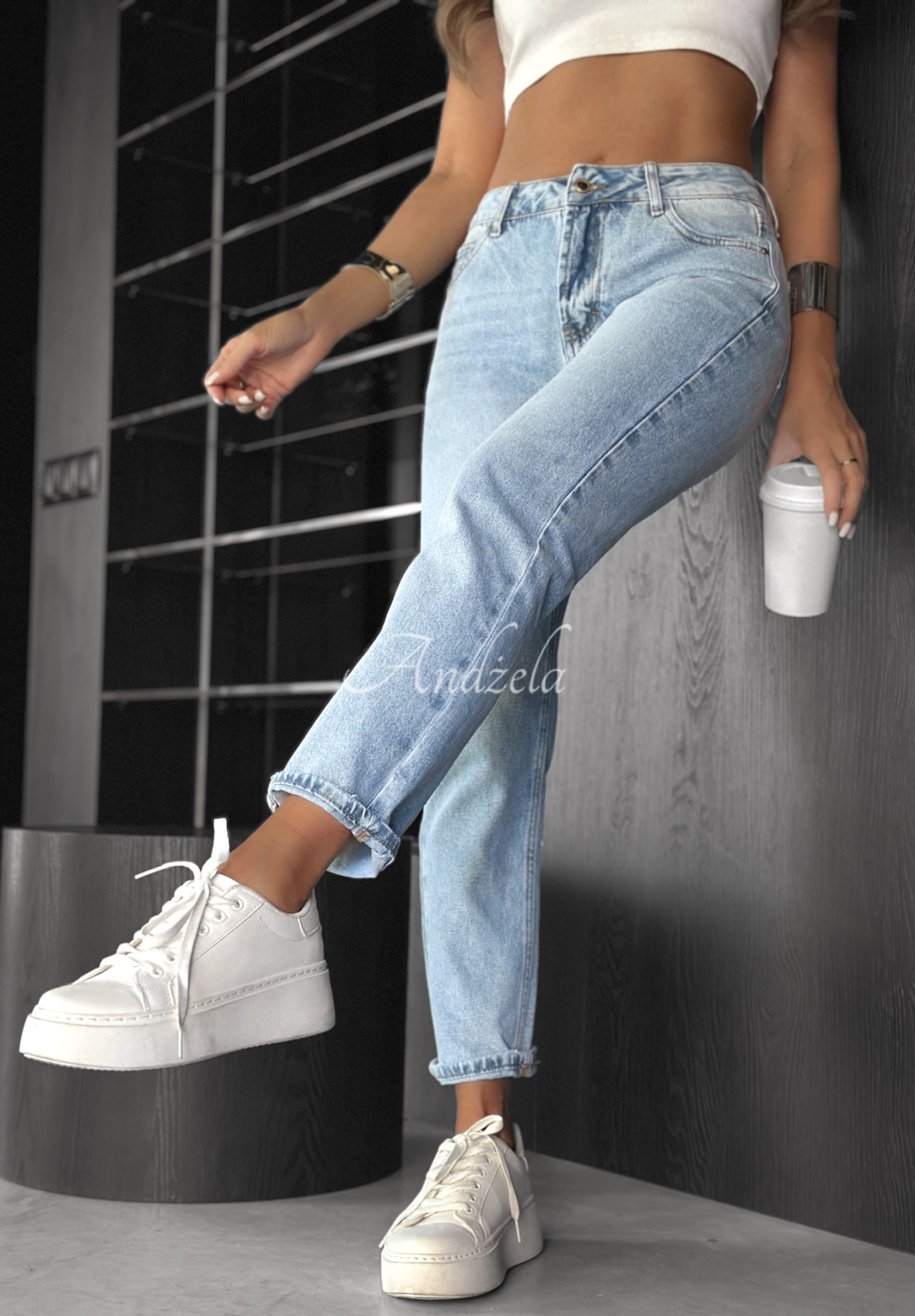 Džínsy mom fit s opaskom No Rush modré