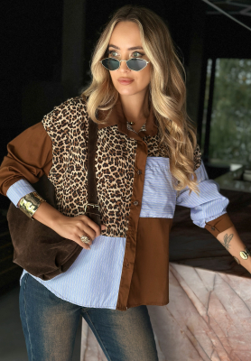 Košeľa s leopardím vzorom a pruhmi Perfect Connection čokoládovo-modrá